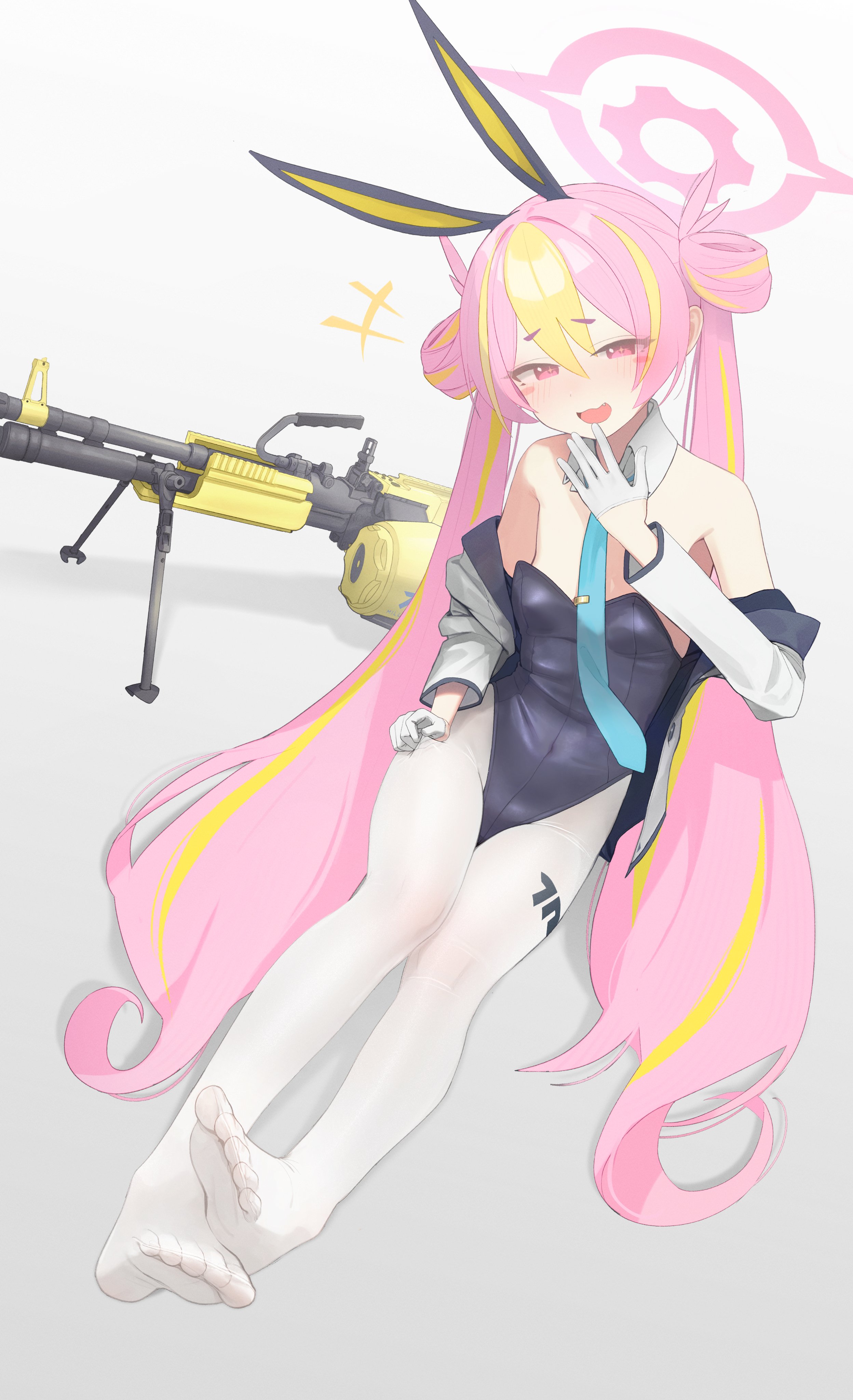 kabanoki, koyuki (blue archive), koyuki (bunny) (blue archive), blue archive, absurdres, highres, 1girl, animal ears, black leotard, blonde hair, detached collar, halo, leotard, long hair, multicolored hair, necktie, open mouth, pantyhose, pink eyes, pink hair, playboy bunny, rabbit ears, smile, solo, strapless, strapless leotard, twintails
