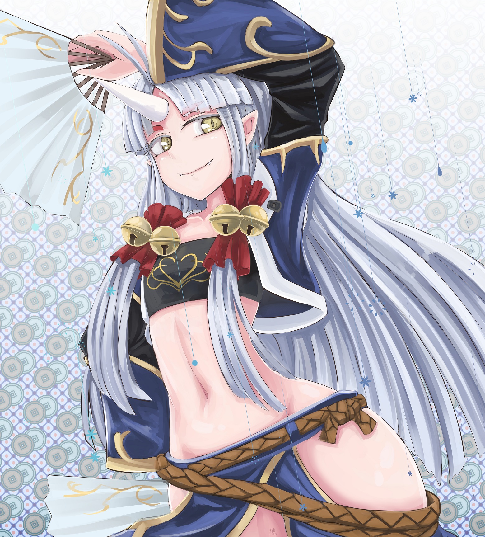 b.d, suzuka hime, super robot wars, super robot wars og saga mugen no frontier, super robot wars og saga mugen no frontier exceed, highres, 1girl, arm up, bandeau, bell, belt, brown belt, clothing cutout, coin, contrapposto, cowboy shot, cropped jacket, facial mark, fangs, flat chest, gold trim, hair tubes, hand fan, hip vent, holding, holding fan, holed coin, horns, jacket, japanese clothes, jingle bell, long hair, long sidelocks, long sleeves, midriff, navel, oni, open clothes, open jacket, parted bangs, patterned background, pointy ears, rain, rope belt, sidelocks, single horn, skirt, slit pupils, smile, snowing, solo, standing, stomach, straight hair, strapless, tube top, very long hair, white horns, wide hips, wide sleeves, yellow eyes