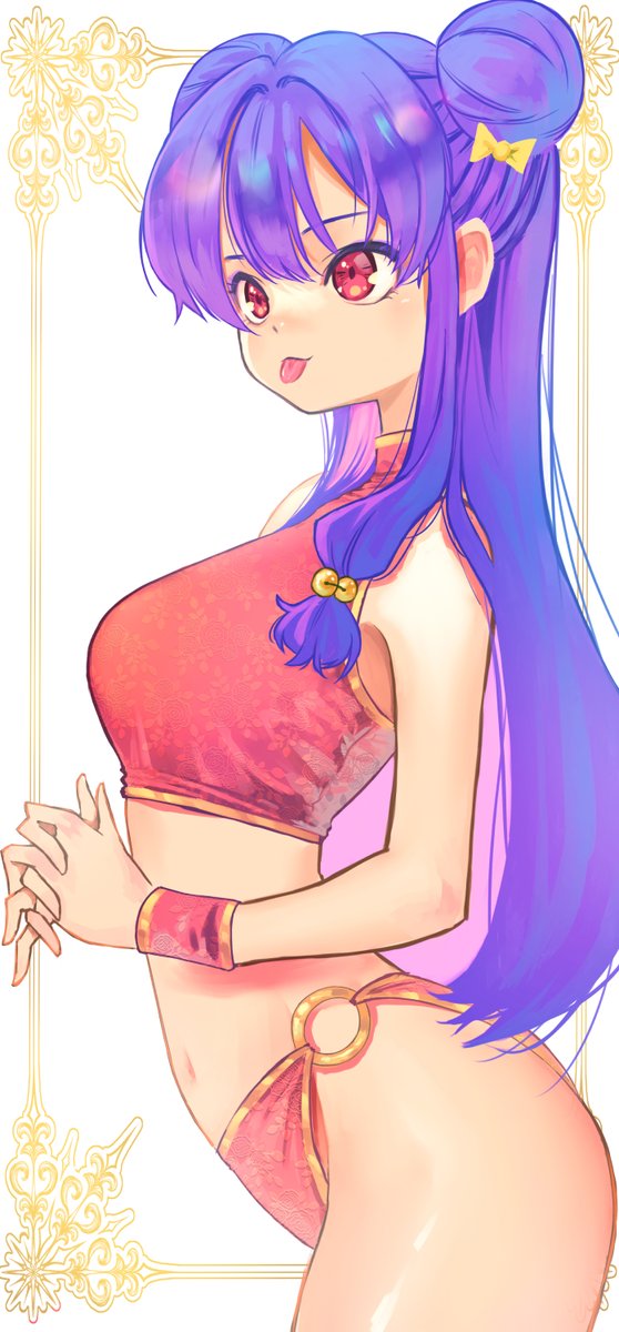 shampoo (ranma 1/2), ranma 1/2, 1girl, china dress, chinese clothes, double bun, dress, hair bun, long hair, purple hair, red dress, red shoes, shoes, sidelocks