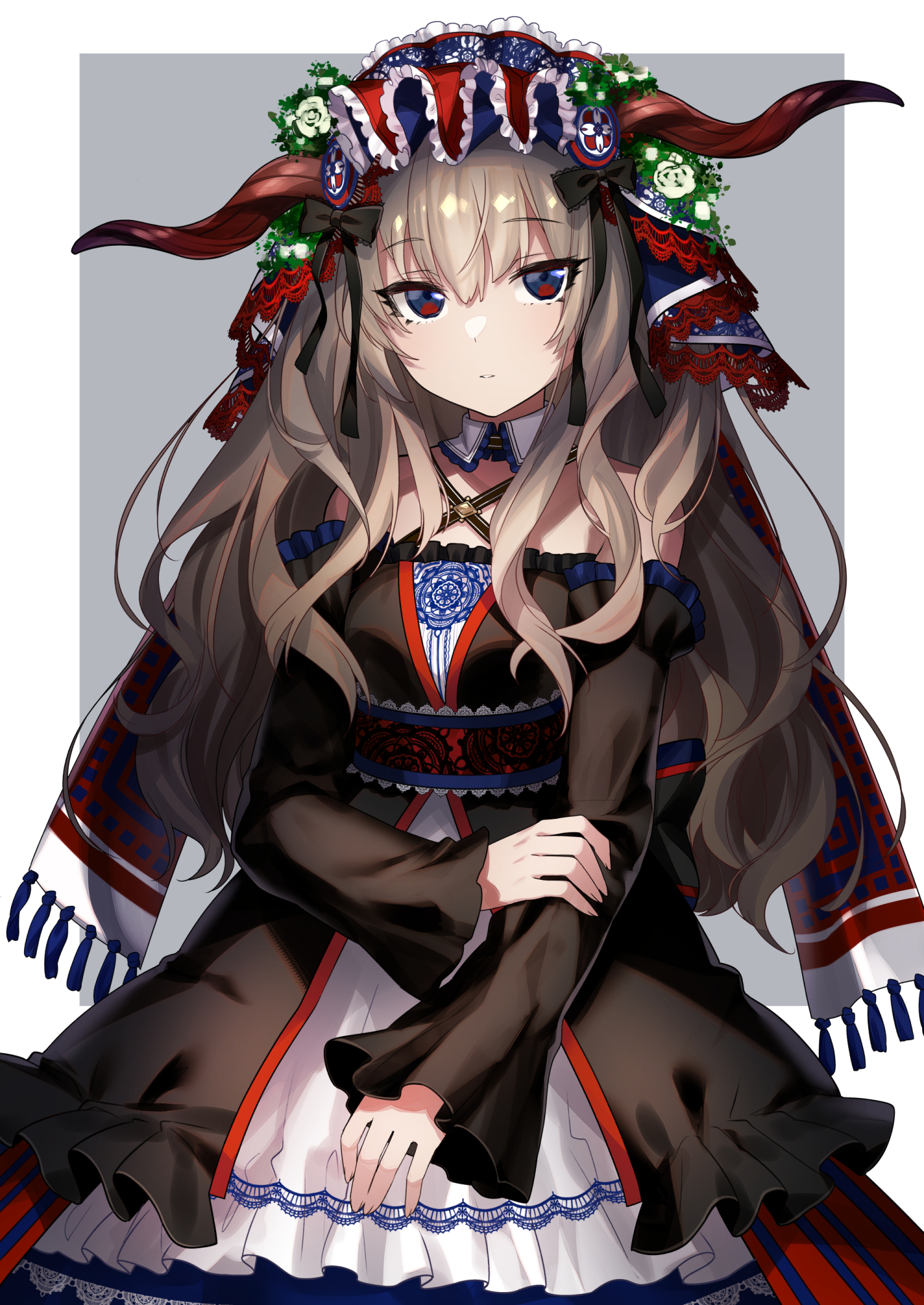 sarukichi, original, commentary request, highres, 1girl, bare shoulders, black bow, black dress, blue eyes, bow, brown hair, closed mouth, detached collar, dress, hair between eyes, horns, long hair, long sleeves, looking at viewer, off-shoulder dress, off shoulder, simple background, sleeves past wrists, solo, tassel, veil, very long hair