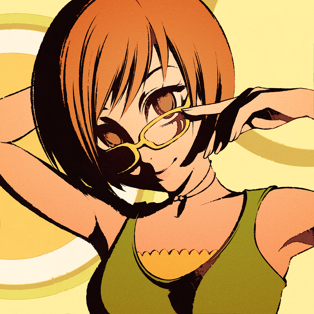 moshimoshibe, satonaka chie, persona, persona 4, 1girl, arm behind back, arm behind head, brown eyes, brown hair, glasses, green shirt, jewelry, necklace, shirt, short hair, sleeveless, sleeveless shirt, smile, solo, tank top