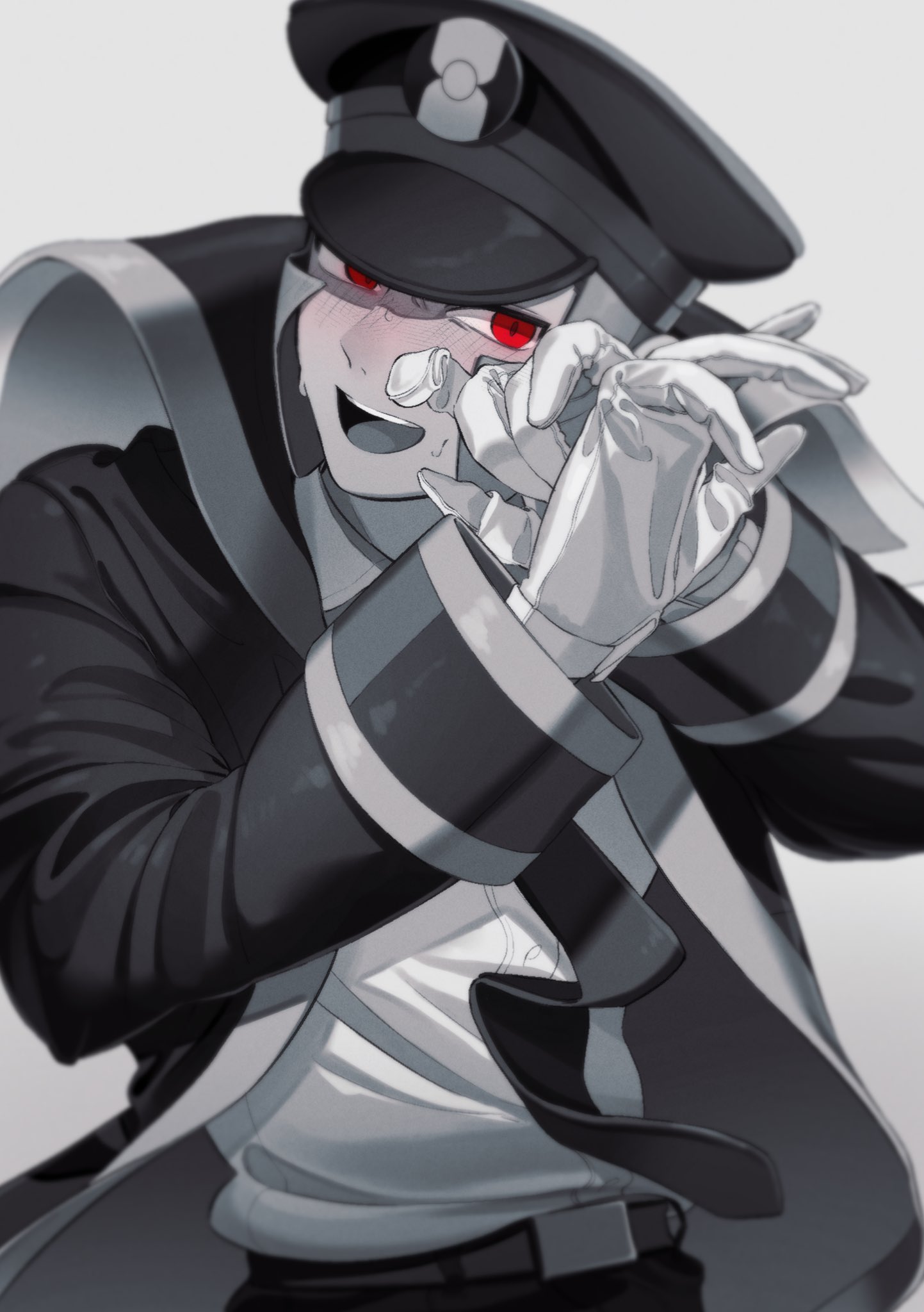 moriyuisu, ingo (pokemon), nintendo, pokemon, pokemon bw, highres, 1boy, belt, blush, coat, covering face, embarrassed, gloves, grey background, hat, long sleeves, looking at viewer, male focus, necktie, open mouth, peaked cap, red eyes, short hair, simple background, solo, spot color