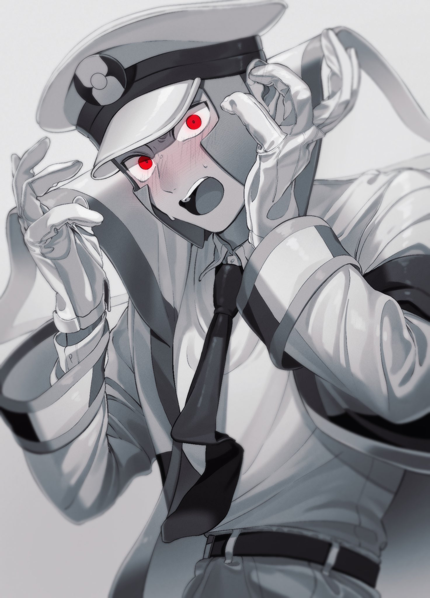 moriyuisu, emmet (pokemon), nintendo, pokemon, pokemon bw, highres, 1boy, belt, blush, coat, collared shirt, embarrassed, gloves, hat, looking at viewer, male focus, necktie, open mouth, pants, peaked cap, red eyes, shirt, short hair, simple background, solo