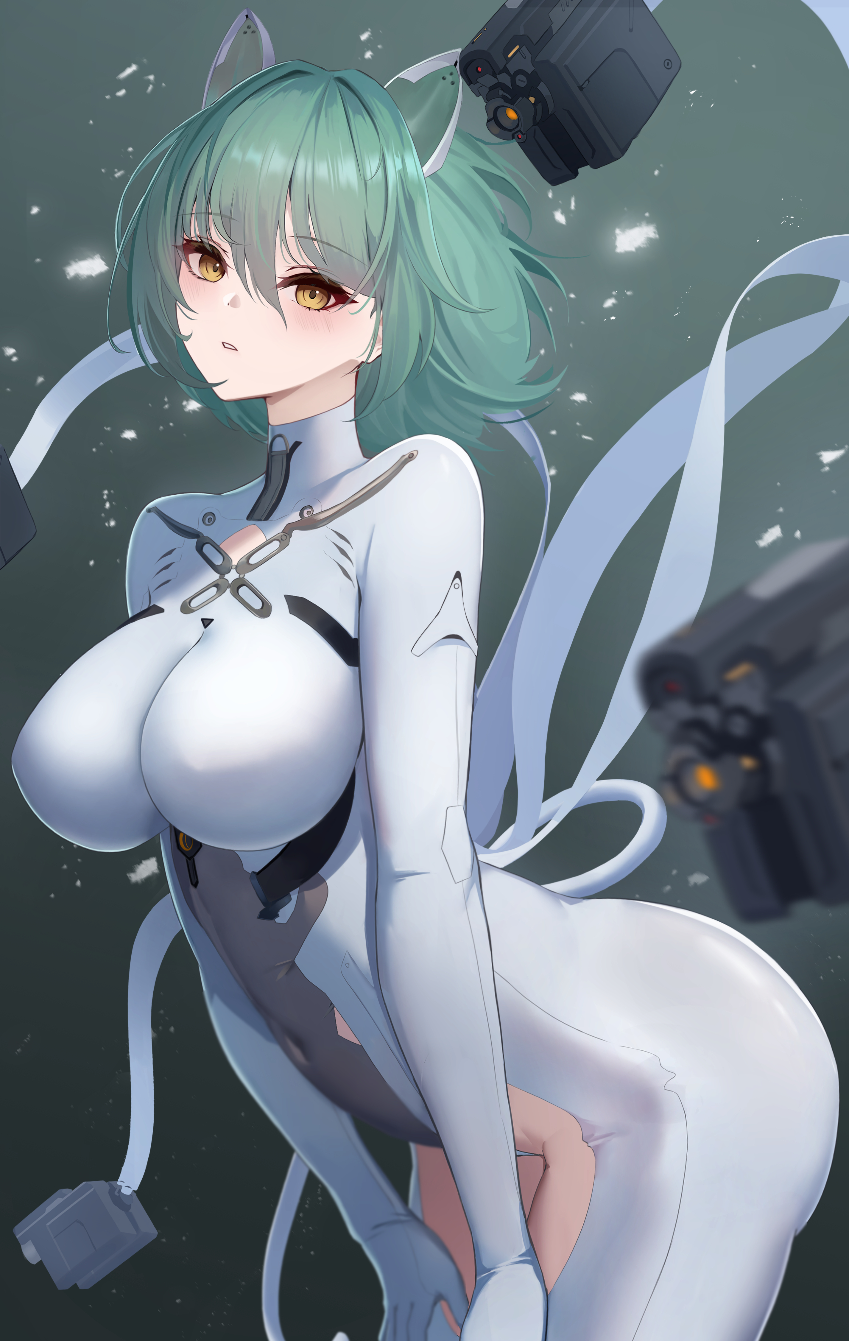 pigu 56100, admiral nakhimov (azur lane), azur lane, absurdres, commentary request, highres, 1girl, animal ears, ass, blush, bodysuit, breasts, cat ears, cat tail, covered navel, cowboy shot, crotchless, crotchless bodysuit, fake animal ears, gradient background, green hair, hair between eyes, hands on lap, impossible bodysuit, impossible clothes, large breasts, leaning forward, looking at viewer, mechanical ears, mechanical tail, parted lips, short hair, sidelocks, simple background, solo, standing, tail, turtleneck, turtleneck bodysuit, white bodysuit, yellow eyes