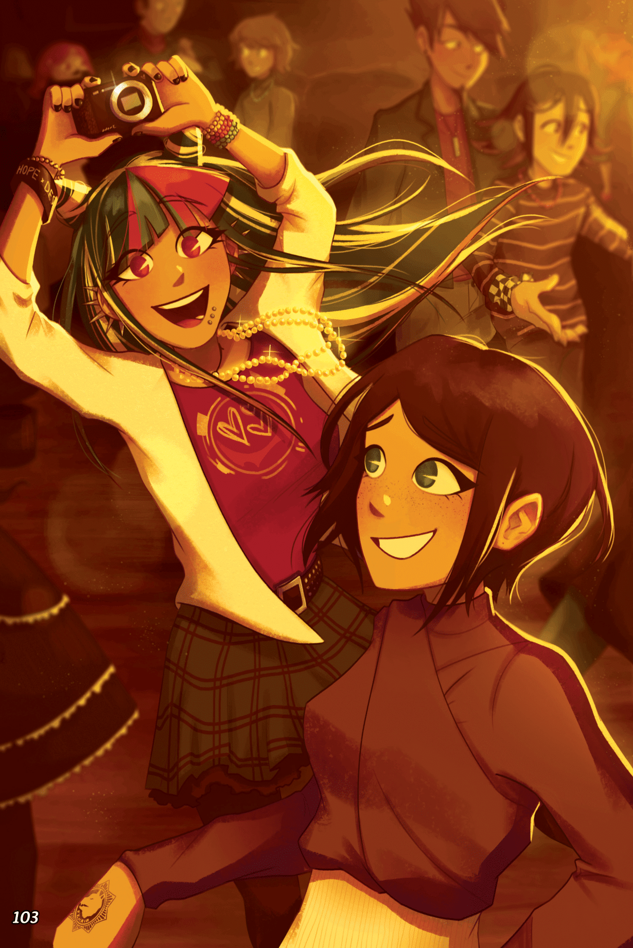 ikusaba mukuro, mioda ibuki, momota kaito, oma kokichi, danganronpa: trigger happy havoc, danganronpa (series), danganronpa 2: goodbye despair, danganronpa v3: killing harmony, highres, non-web source, alternate costume, arms up, bead bracelet, bead necklace, beads, belt, black belt, black hair, black nails, black pantyhose, blue eyes, blue hair, blue streaks, blurry, blurry background, bracelet, camera, eyelashes, facial hair, freckles, glint, goatee, green skirt, hair horns, hand tattoo, heart, holding, holding camera, jacket, jewelry, light particles, long hair, long sleeves, multicolored hair, multiple boys, multiple bracelets, multiple girls, nail polish, necklace, open clothes, open jacket, page number, pantyhose, pink eyes, pink hair, pink streaks, plaid clothes, plaid skirt, purple shirt, shirt, short hair, skirt, smile, sparkle, streaked hair, striped clothes, striped shirt, suntails, tattoo, white hair, white jacket