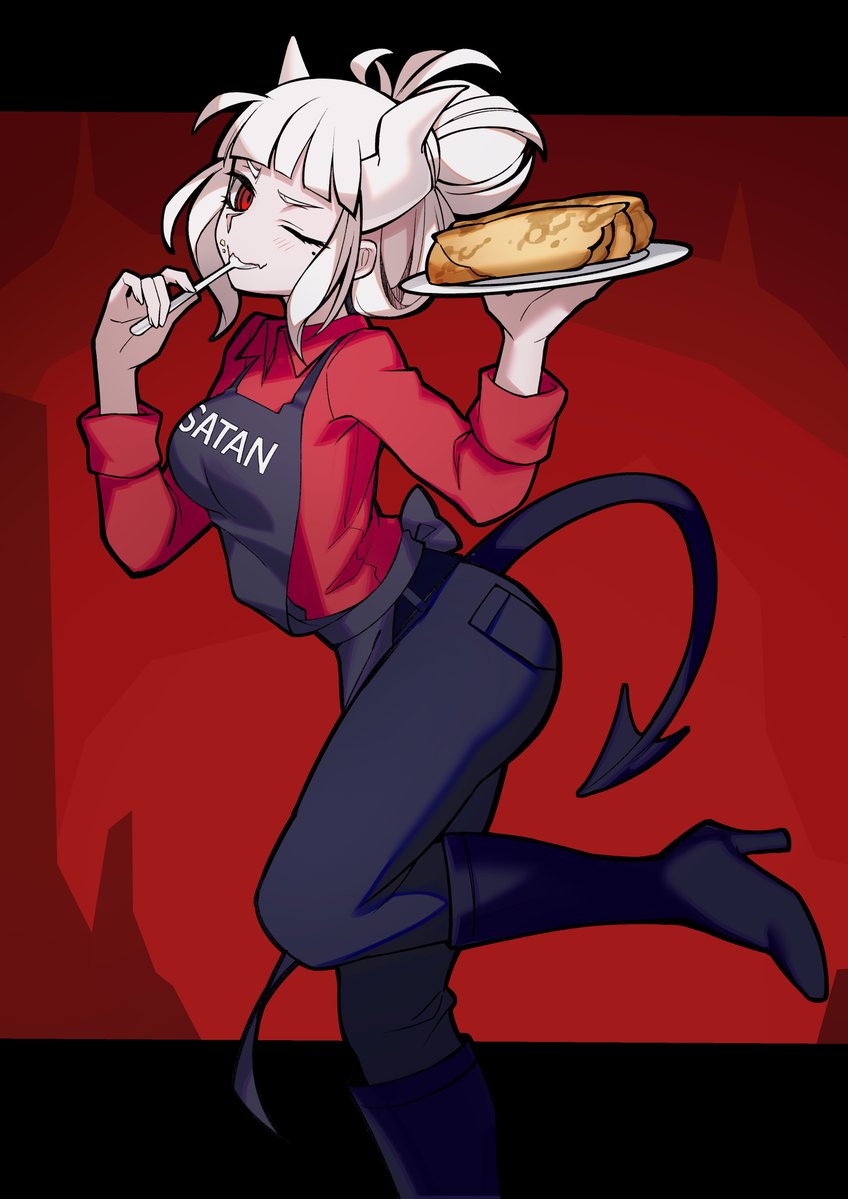 sarukichi, lucifer (helltaker), helltaker, 1girl, apron, black apron, black boots, black pants, blunt bangs, blush, boots, breasts, clothes writing, collared shirt, demon girl, demon horns, demon tail, fangs, food, food on face, fork, hair bun, high heel boots, high heels, holding, holding fork, holding plate, horns, leg up, looking at viewer, medium breasts, mole, mole under eye, one eye closed, pancake, pants, plate, red eyes, red shirt, shirt, skin fangs, solo, tail, utensil in mouth, white hair, white horns