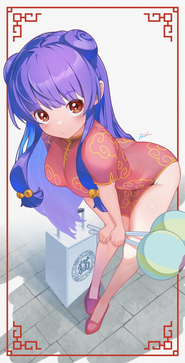 shampoo (ranma 1/2), ranma 1/2, 1girl, china dress, chinese clothes, double bun, dress, hair bun, long hair, purple hair, red dress, red shoes, shoes, sidelocks