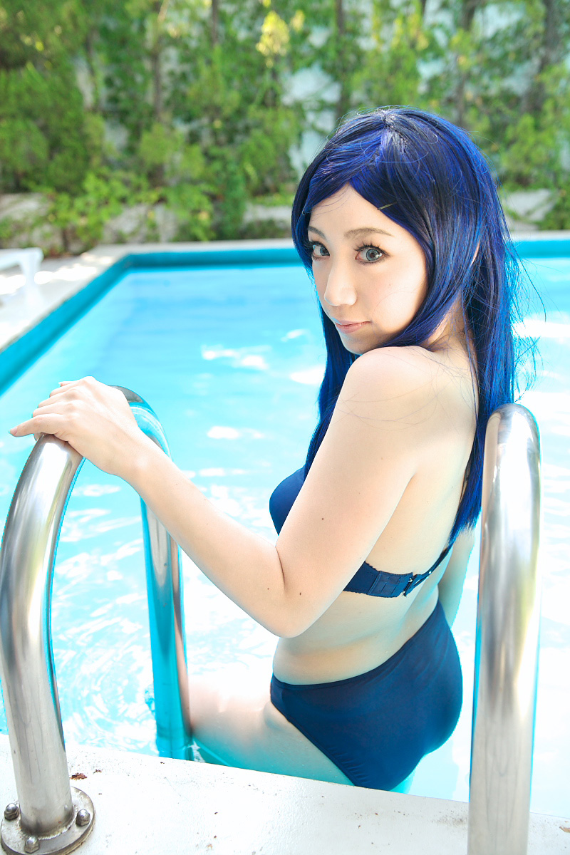 kuga natsuki, miyuki, my-hime, highres, photo (medium), armband, bikini, blue hair, cosplay, pool, swimsuit