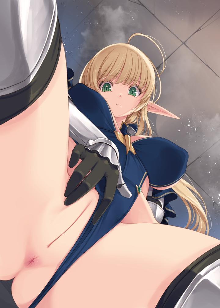 kirishima satoshi, original, commentary request, 1girl, ahoge, anus, armor, armored gloves, blonde hair, blue bow, blue leotard, bow, breasts, cleft of venus, clothing aside, elf, gauntlets, gloves, green eyes, highleg, highleg leotard, large breasts, leotard, leotard aside, leotard elf knightess (kirishima satoshi), long hair, long pointy ears, pointy ears, pussy, shoulder armor, super highleg, very long hair