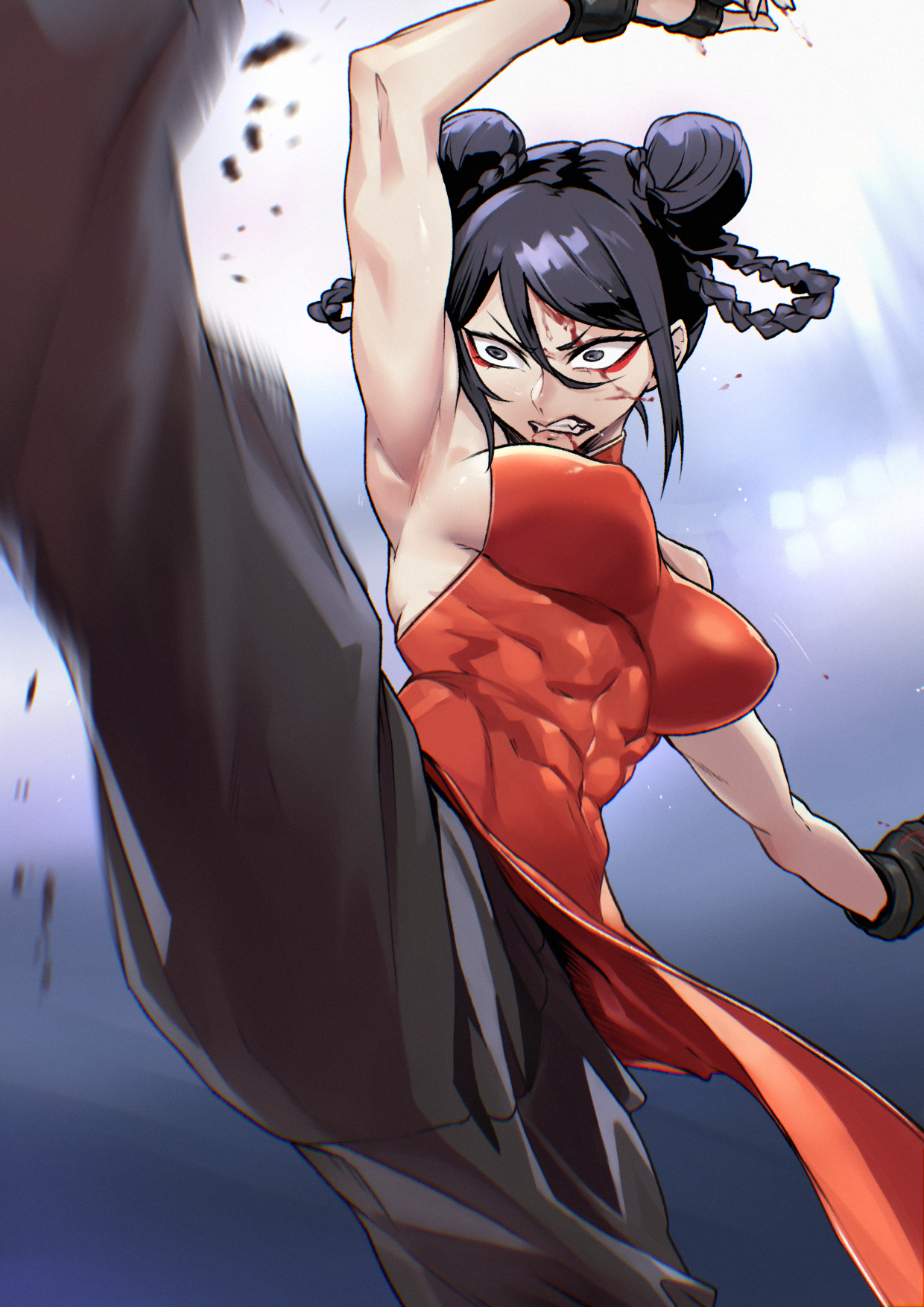 tresmarrow, yuzuha lee, isshou senkin, highres, abs, angry, arm up, armpits, black eyes, black hair, blood, china dress, chinese clothes, double bun, dress, eyeliner, fingerless gloves, gloves, hair bun, kicking, makeup, mma gloves, pants, red dress, red eyeliner, toned