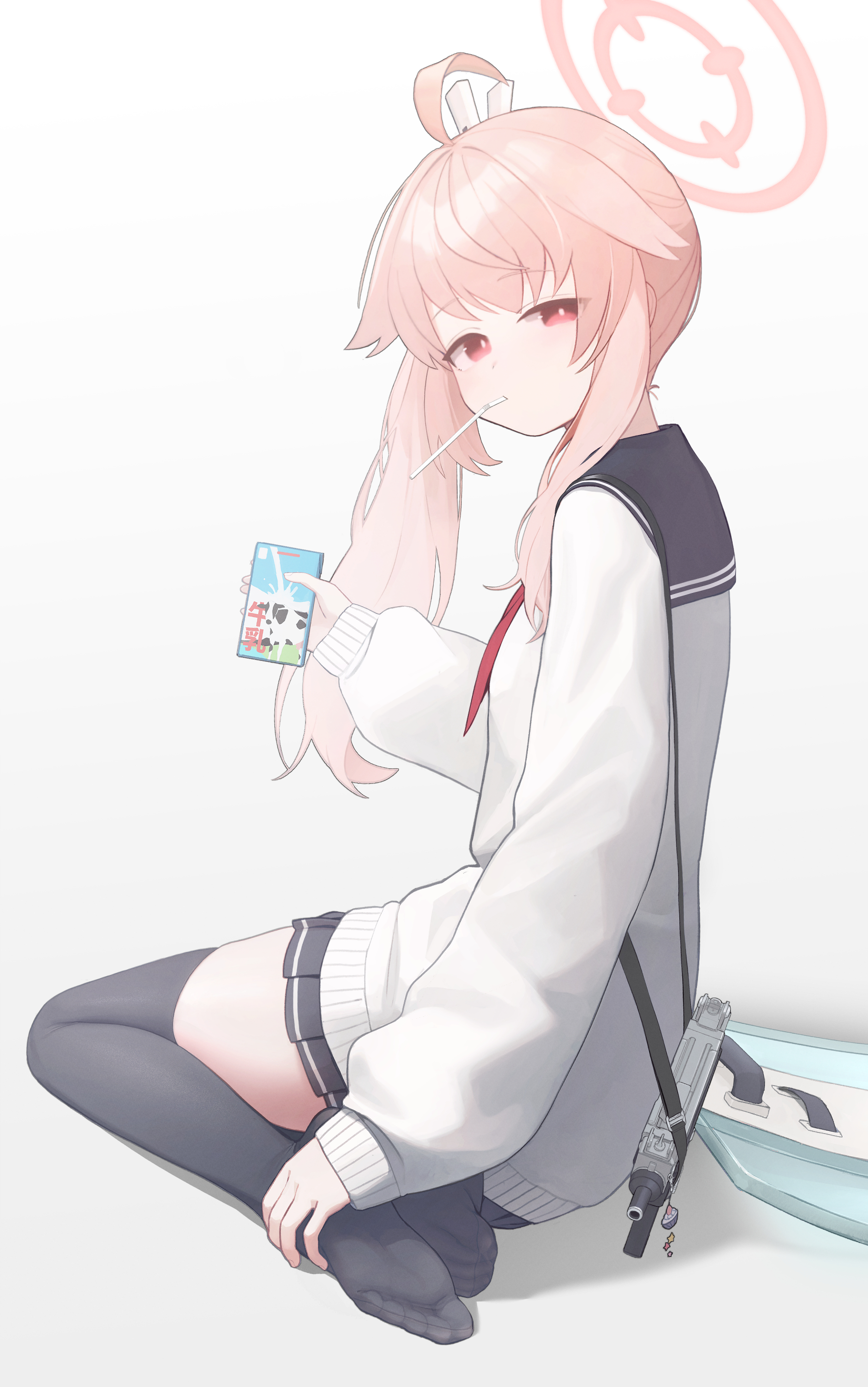 kabanoki, natsu (blue archive), blue archive, absurdres, highres, 1girl, ahoge, black thighhighs, cardigan, halo, holding, holding milk carton, long hair, long sleeves, looking at viewer, milk carton, pink hair, pink halo, pleated skirt, red eyes, sailor collar, school uniform, side ponytail, simple background, skirt, solo, thighhighs, white background