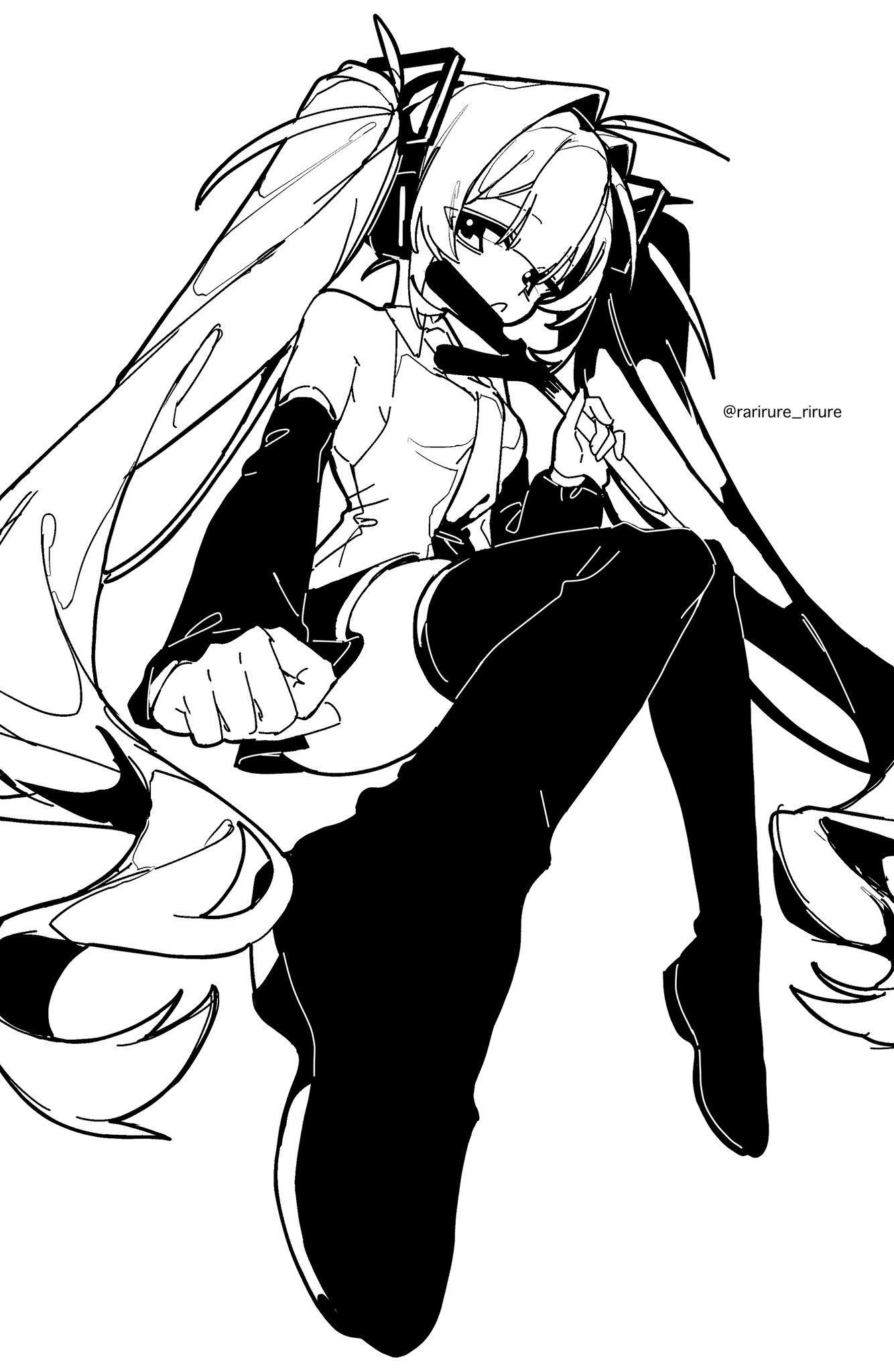 rarirure rirure, hatsune miku, vocaloid, highres, 1girl, bare shoulders, black sleeves, breasts, detached sleeves, hair ornament, headset, holding, long hair, looking at viewer, necktie, open mouth, shirt, sideboob, simple background, skirt, sleeveless, solo, spring onion, thighhighs, twintails, very long hair