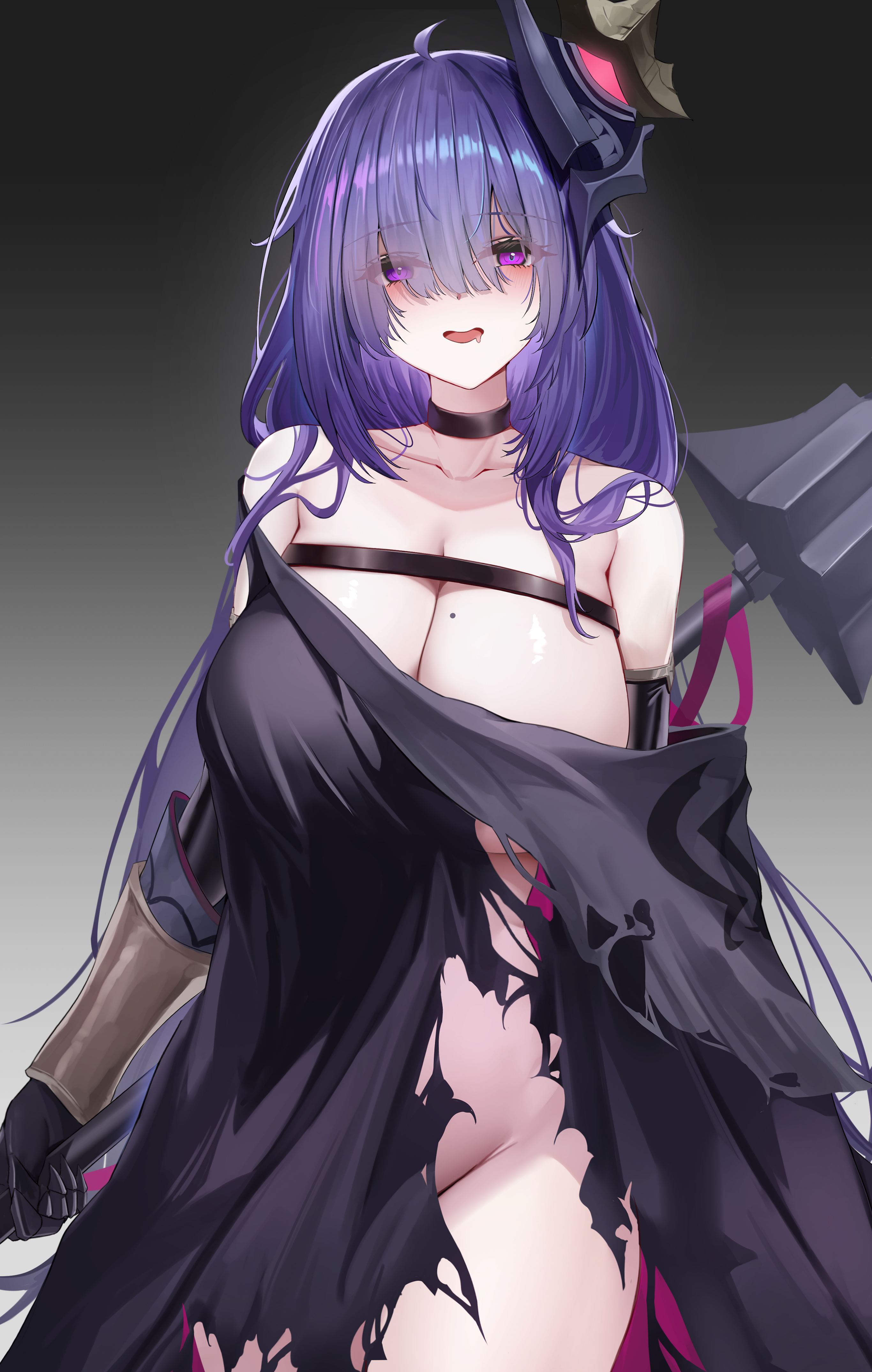 pigu 56100, mogador (azur lane), azur lane, absurdres, commentary request, highres, 1girl, bare shoulders, black choker, black gloves, blush, breast strap, breasts, choker, cleavage, collarbone, gloves, gradient background, groin, hair between eyes, hair over one eye, holding, holding weapon, large breasts, long hair, looking at viewer, mole, mole on breast, open mouth, purple eyes, purple hair, saliva, sidelocks, solo, standing, torn clothes, very long hair, weapon