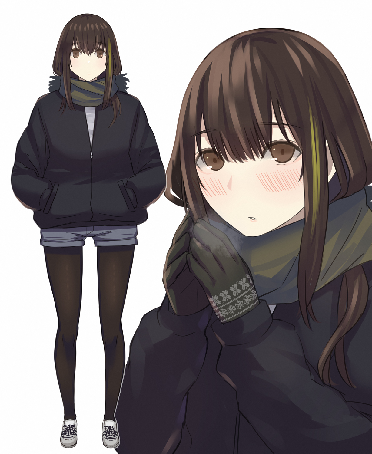 asakiri koko, m4a1 (girls' frontline), girls' frontline, commentary request, highres, 1girl, alternate costume, black jacket, black pantyhose, blush, brown eyes, brown hair, full body, gloves, green gloves, green hair, green scarf, grey shirt, grey shoes, grey shorts, hair between eyes, hands in pockets, jacket, long hair, multicolored hair, multiple views, outline, pantyhose, partially unzipped, scarf, shirt, shoes, short shorts, shorts, sidelocks, simple background, streaked hair, white background, white outline, winter clothes