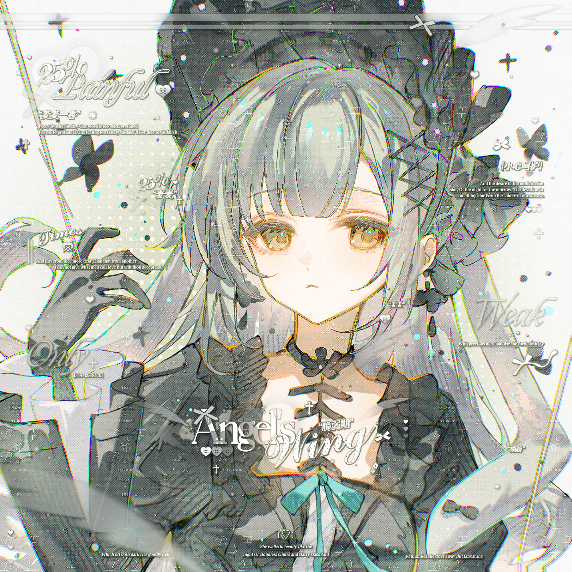 kesike, wakaba mutsumi, arknights, bang dream!, bang dream! it's mygo!!!!!, chinese commentary, commentary request, highres, 1girl, animal ears, black bonnet, black gloves, blunt bangs, bonnet, bug, butterfly, closed mouth, expressionless, floppy ears, gloves, gothic lolita, green hair, hair ornament, insect, lolita fashion, long hair, looking at viewer, rabbit ears, rabbit girl, sidelocks, solo, too many watermarks, upper body, wakaba mutsumi (marionette's id), watermark, x hair ornament, yellow eyes