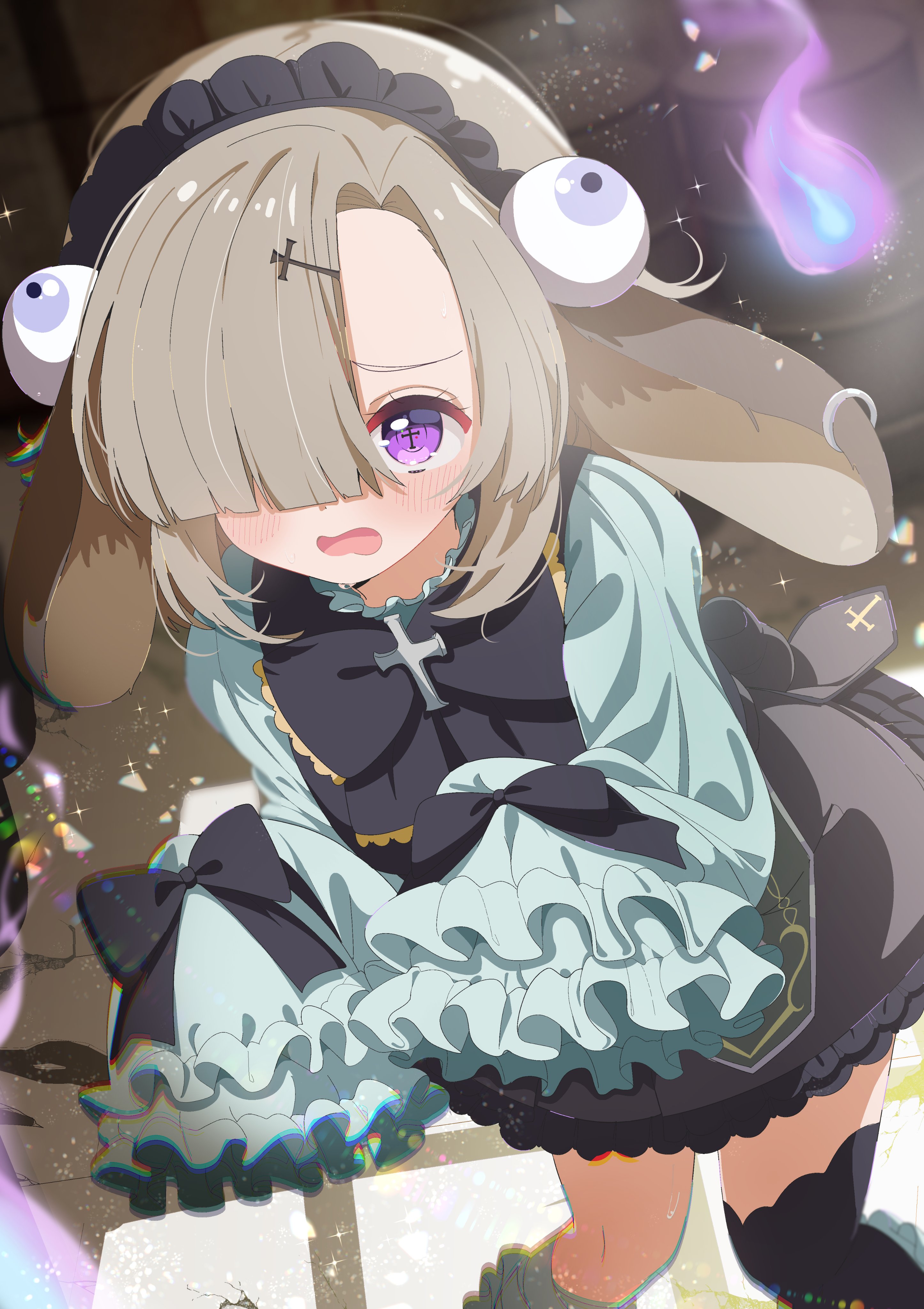 shiro9jira, original, absurdres, commission, highres, skeb commission, 1girl, animal ears, black bow, blush, bow, bowtie, brown hair, cross, dress, frilled sleeves, frills, hair ornament, hair over one eye, long sleeves, open mouth, purple eyes, sleeves past fingers, sleeves past wrists, solo