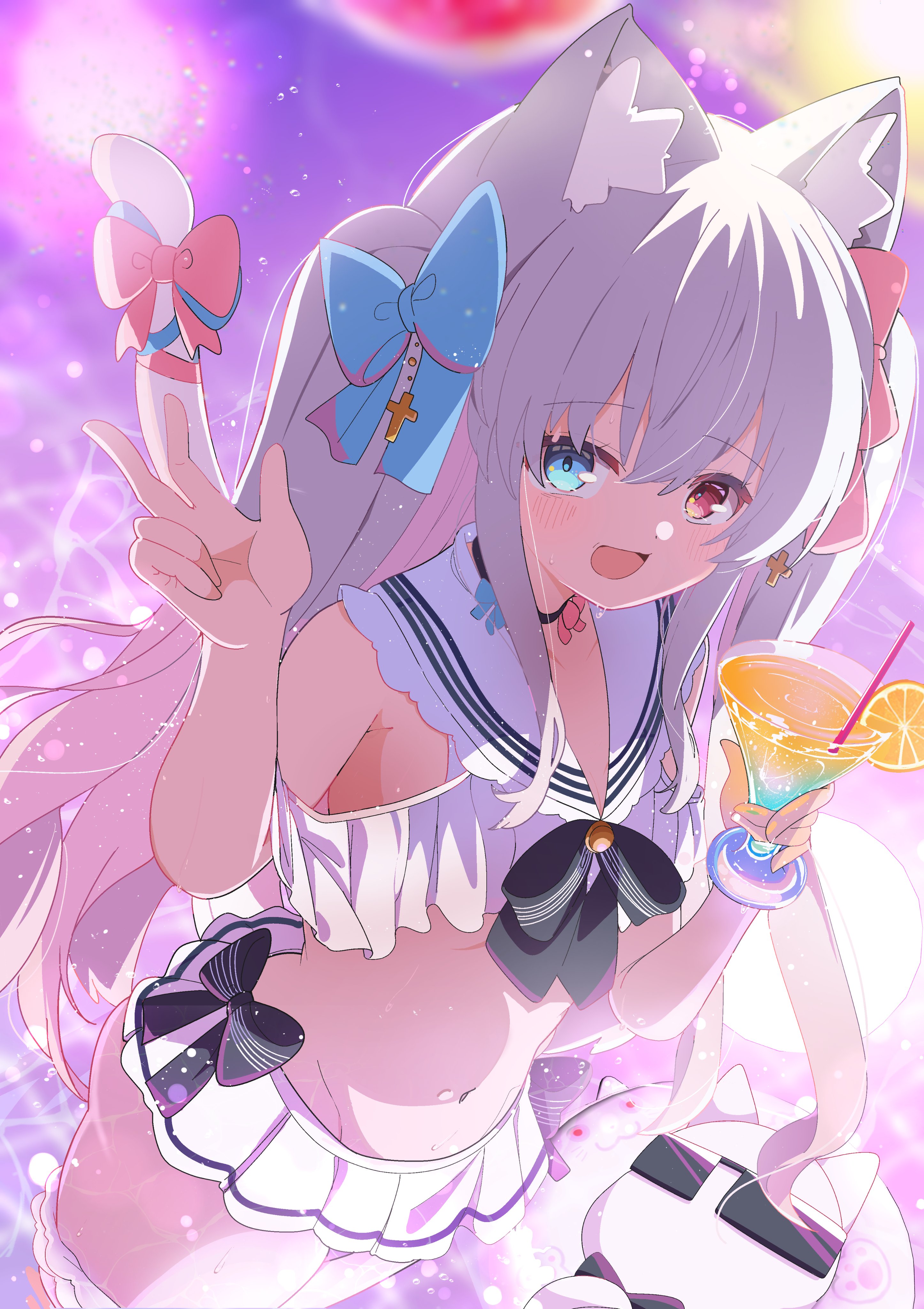 shiro9jira, original, absurdres, commission, highres, skeb commission, 1girl, animal ear fluff, animal ears, bikini, blue bow, blue eyes, bow, cat ears, cat girl, cat tail, choker, cocktail glass, cross, cup, drink, drinking glass, food, frilled bikini, frills, hair bow, heterochromia, holding, holding cup, long hair, looking at viewer, navel, open mouth, red eyes, sailor collar, smile, solo, swimsuit, tail, tail ornament, v, virtual youtuber, white bikini, white hair
