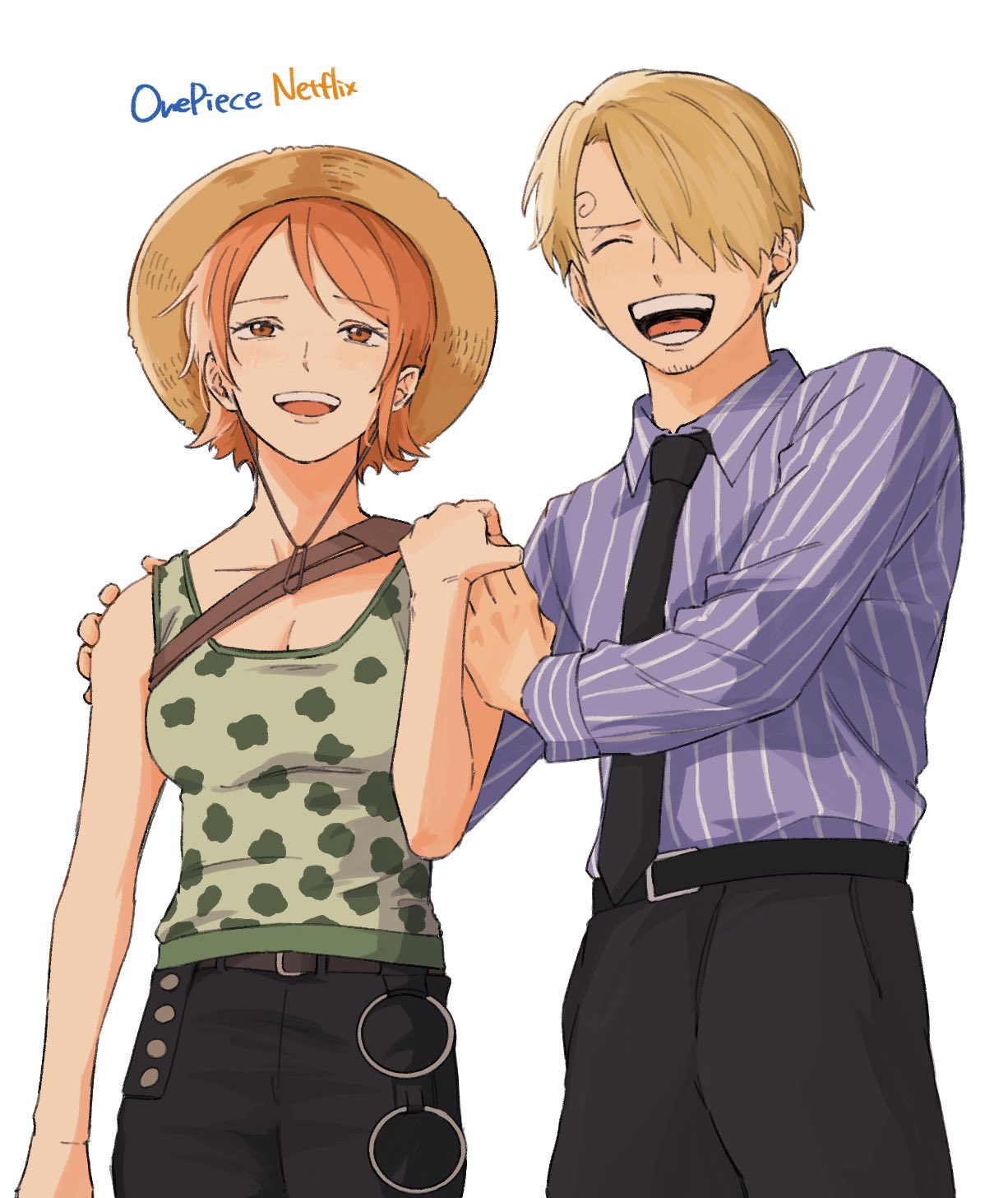 iqracha, nami (one piece), sanji (one piece), one piece, one piece (live action), highres, 1boy, 1girl, belt, black belt, black necktie, black pants, blonde hair, breasts, cleavage, collared shirt, green shirt, hair over one eye, hand on another's shoulder, hat, necktie, open mouth, orange eyes, orange hair, pants, shirt, short hair, straw hat, striped clothes, striped shirt