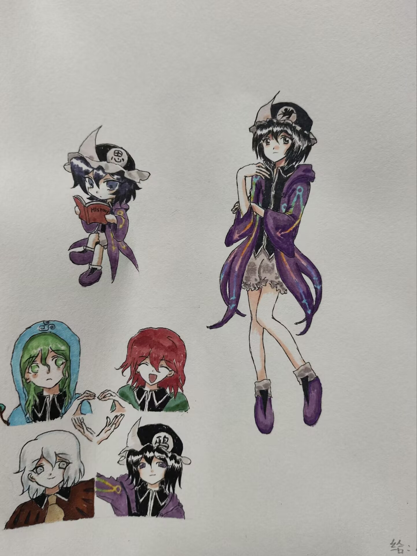 shitodo aoji, shitodo hooaka, shitodo kuroji, len'en, artist request, commentary, english commentary, highres, photo (medium), second-party source, traditional media, 1girl, 3others, ^ ^, androgynous, ankle socks, arrow print, ascot, bare legs, black hair, black hat, black shirt, blue jacket, blush stickers, book, boots, brown capelet, capelet, chibi, closed eyes, closed mouth, coattails, collared shirt, cropped torso, crossed legs, dot nose, expressionless, frilled headwear, frilled shorts, frills, frown, green hair, green jacket, grey eyes, grey shorts, grey socks, hair between eyes, hand on own arm, happy, hat, heart, heart hands, heart hands quartet, holding, holding book, hood, hood down, hood up, hooded jacket, invisible chair, jacket, light frown, long hair, long sleeves, looking at viewer, mob cap, multiple others, multiple views, open book, open clothes, open jacket, other focus, puffy shorts, purple boots, purple eyes, purple jacket, reading, red hair, shirt, shitodo hoojiro, short hair, shorts, siblings, sidelocks, signature, single blush sticker, sitting, socks, tareme, triangular headpiece, white hair, yellow ascot, zipper