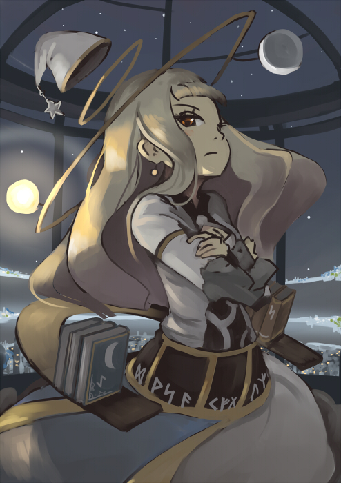 jitsu hidari, original, light, 1girl, blonde hair, book, city, crescent moon, female focus, hat, moon, night, red eyes, sky, solo, star (sky), star (symbol), starry sky