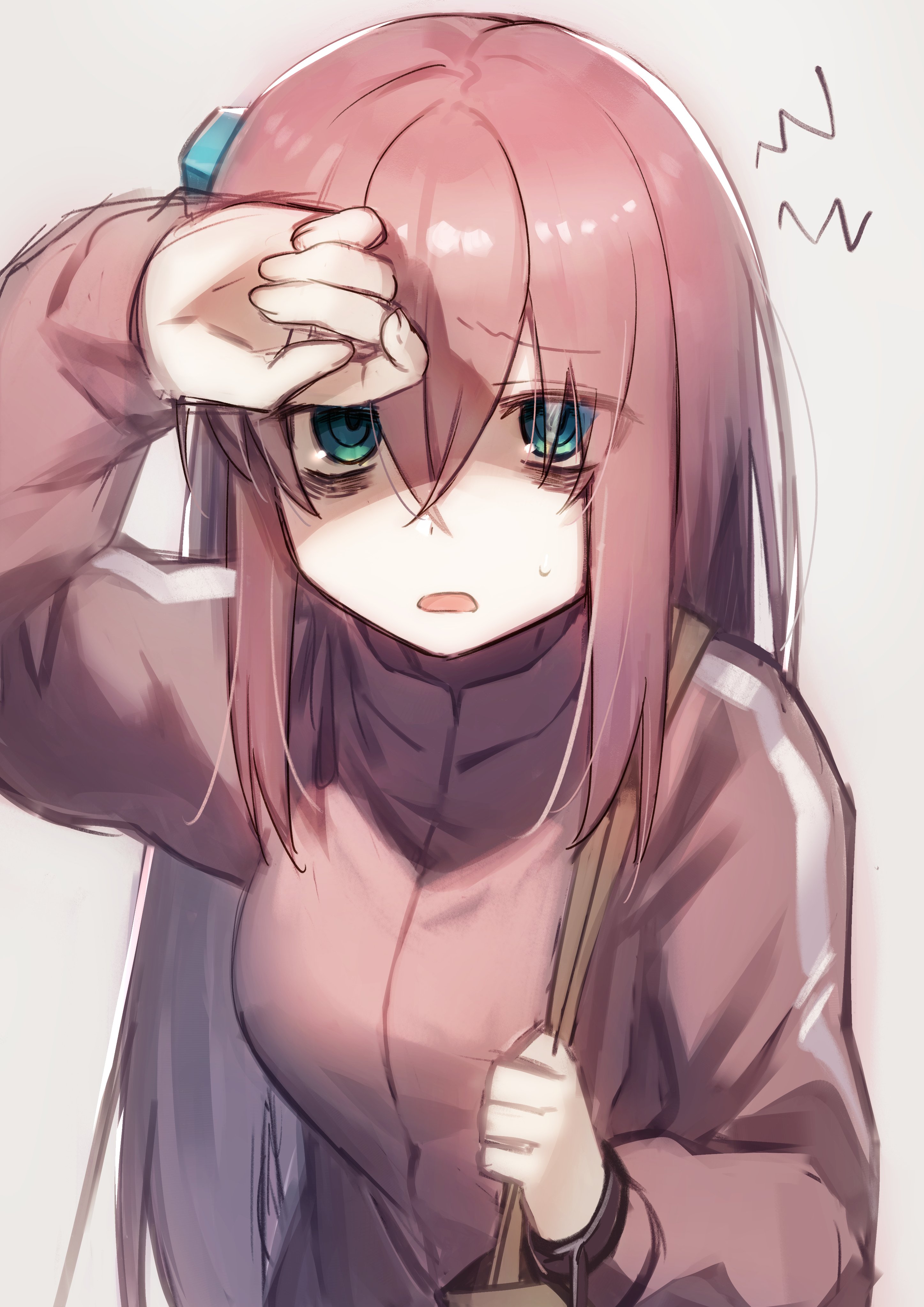 sarukichi, gotoh hitori, bocchi the rock!, absurdres, commentary request, highres, 1girl, bag, bags under eyes, blue eyes, breasts, crossed bangs, grey background, hair between eyes, hair ornament, jacket, long hair, long sleeves, looking at viewer, open mouth, pink hair, pink jacket, sidelocks, simple background, solo, sweat, track jacket, upper body, very long hair