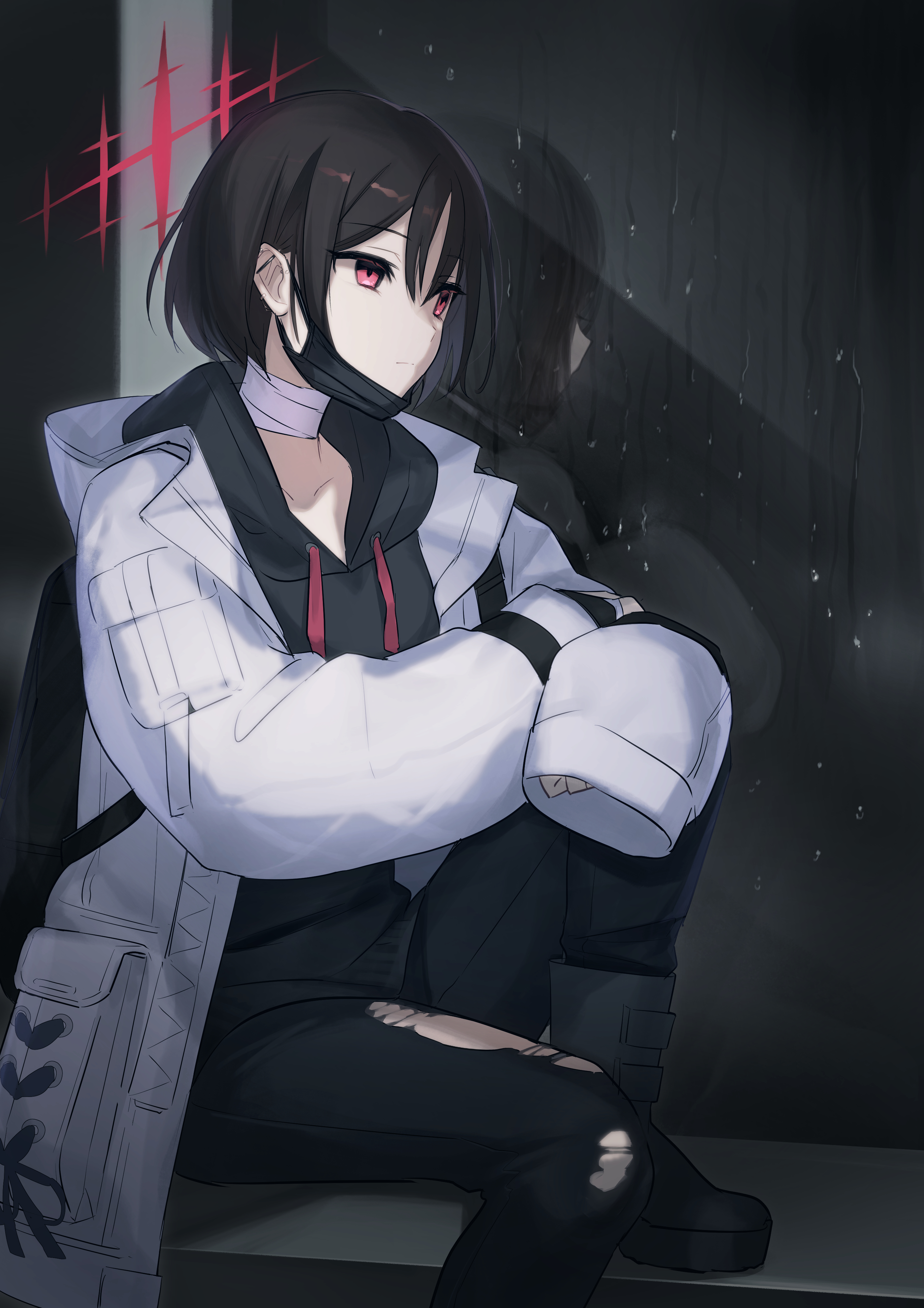sarukichi, misaki (blue archive), blue archive, absurdres, commentary request, highres, 1girl, backpack, bag, bandaged neck, bandages, black boots, black hair, black hoodie, black mask, black pants, boots, closed mouth, coat, condensation, hair between eyes, halo, hood, hood down, hooded coat, hoodie, long sleeves, mask, mask pull, open clothes, open coat, pants, pink eyes, reflection, short hair, sitting, sleeves past fingers, sleeves past wrists, solo, torn, torn clothes, torn pants, white coat, window