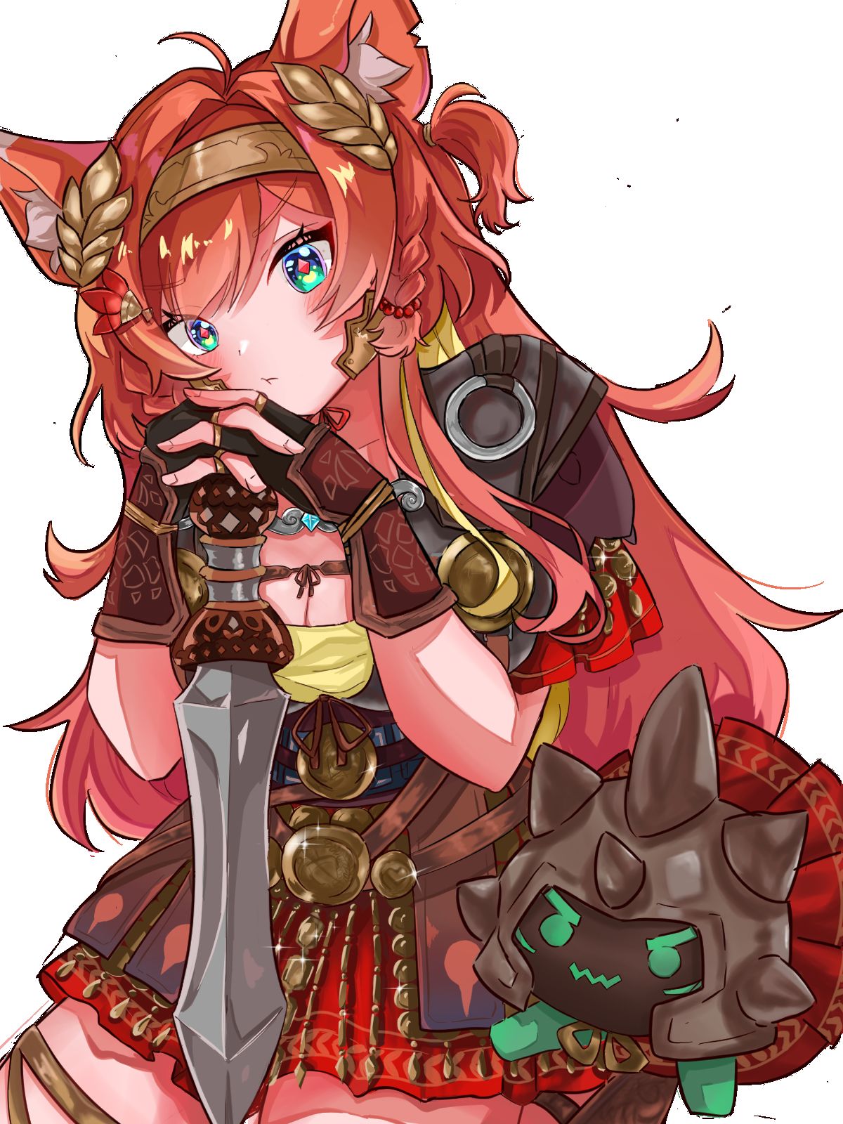 ui 527, mozumi pichi, mozumi pichi (roman), mozzumite (mozumi pichi), v-dere, highres, second-party source, 1girl, :t, ahoge, animal ear fluff, animal ears, armor, black gloves, blue eyes, blush, breasts, cleavage, diamond-shaped pupils, diamond (shape), fingerless gloves, gladius, gloves, holding, holding sword, holding weapon, laurels, long hair, orange hair, red pupils, red tunic, roman armor, solo, sword, symbol-shaped pupils, tunic, weapon, white background, wolf ears, wolf girl