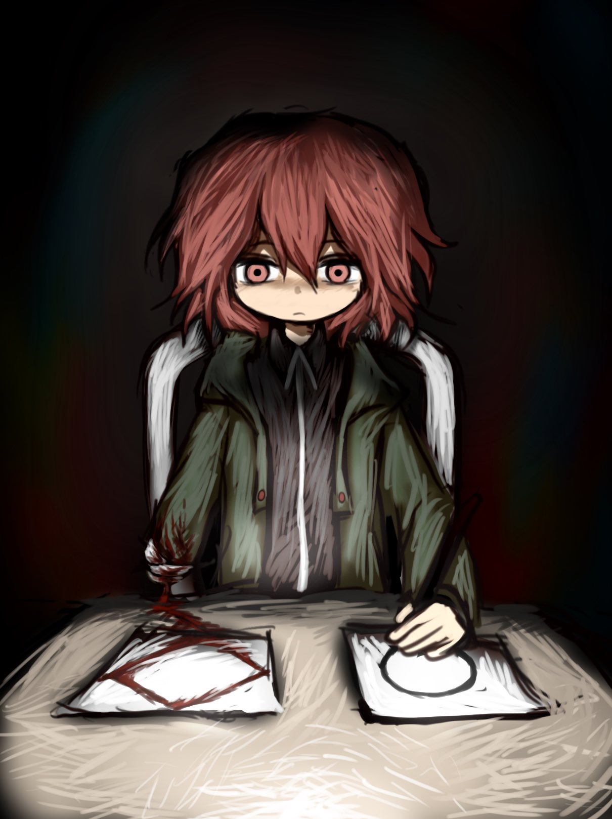 renlei jing shi wo ziji, shitodo hooaka, len'en, highres, 1other, amputee, androgynous, bandaged arm, bandages, black background, black shirt, blood, blood drip, blood on clothes, chair, circle, closed mouth, collared shirt, diamond (shape), drawing (action), expressionless, frown, green jacket, hair between eyes, hand on table, holding, holding pen, hood, hood down, hooded jacket, jacket, long sleeves, looking at viewer, on chair, open clothes, open jacket, other focus, paper, pen, red eyes, red hair, shirt, short hair, sitting, solo, table, upper body, zipper