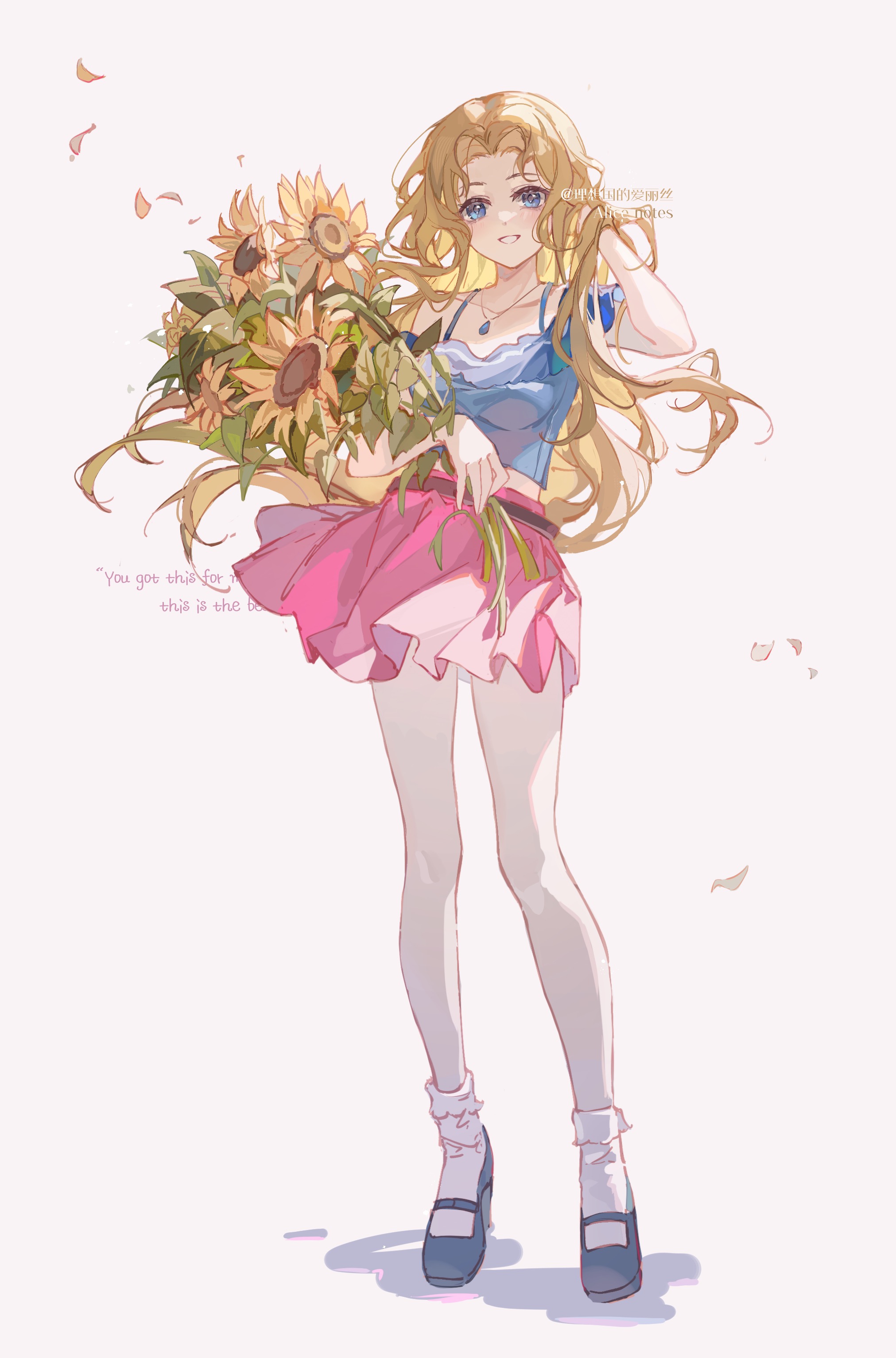 lixiang guo alice, haley (stardew valley), stardew valley, absurdres, chinese commentary, commentary request, highres, 1girl, artist name, belt, black shoes, blonde hair, blue camisole, blue eyes, blush, bouquet, camisole, collarbone, curtained hair, falling petals, flower, full body, grin, hand in own hair, hand up, holding, holding bouquet, jewelry, long hair, mary janes, midriff, miniskirt, necklace, petals, pink skirt, shoes, simple background, single bare shoulder, single off shoulder, skirt, smile, socks, solo, spaghetti strap, standing, sunflower, teardrop necklace, wavy hair, white background, white socks, wind