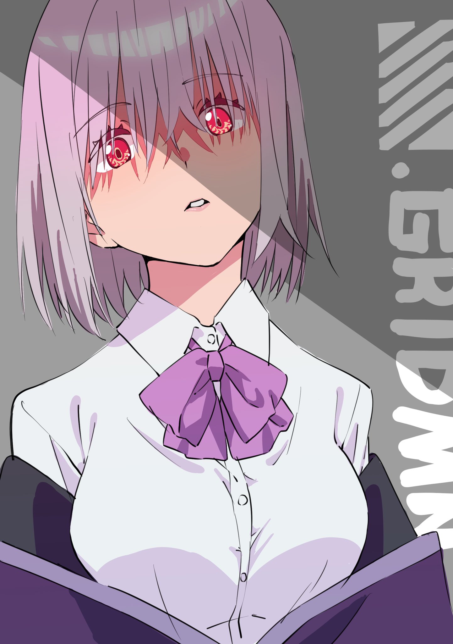 saitou kengo, shinjou akane, gridman universe, ssss.gridman, highres, official art, 1girl, bow, breasts, collared shirt, english text, grey background, hood, hoodie, large breasts, looking at viewer, pink bow, pink hair, purple hoodie, red eyes, school uniform, shirt, short hair, sweater, white shirt