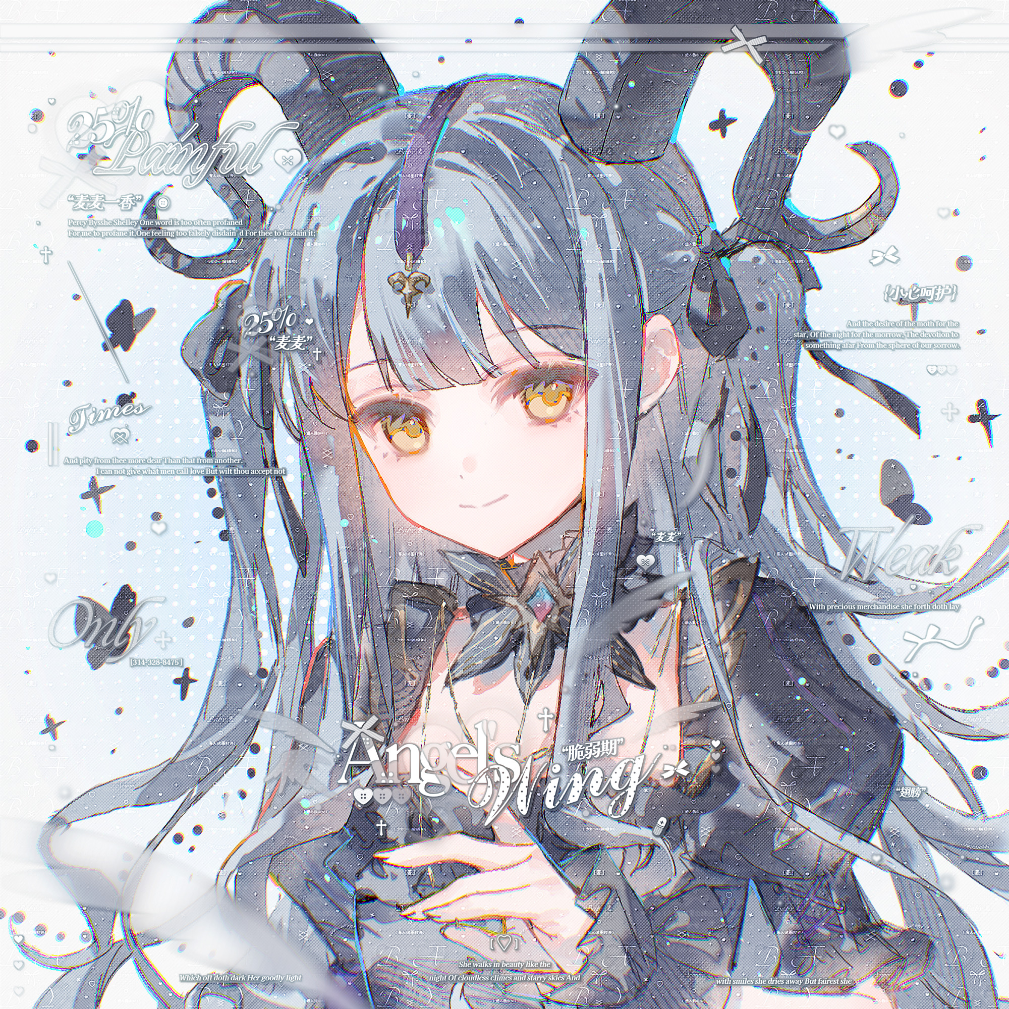 kesike, togawa sakiko, arknights, bang dream!, bang dream! it's mygo!!!!!, chinese commentary, commentary request, highres, 1girl, black dress, black horns, black ribbon, blue hair, blunt bangs, bug, butterfly, closed mouth, curled horns, detached collar, dress, hair ribbon, hand up, horns, insect, long hair, looking at viewer, ribbon, sidelocks, smile, solo, togawa sakiko (master of melodia), too many watermarks, two side up, upper body, watermark, yellow eyes