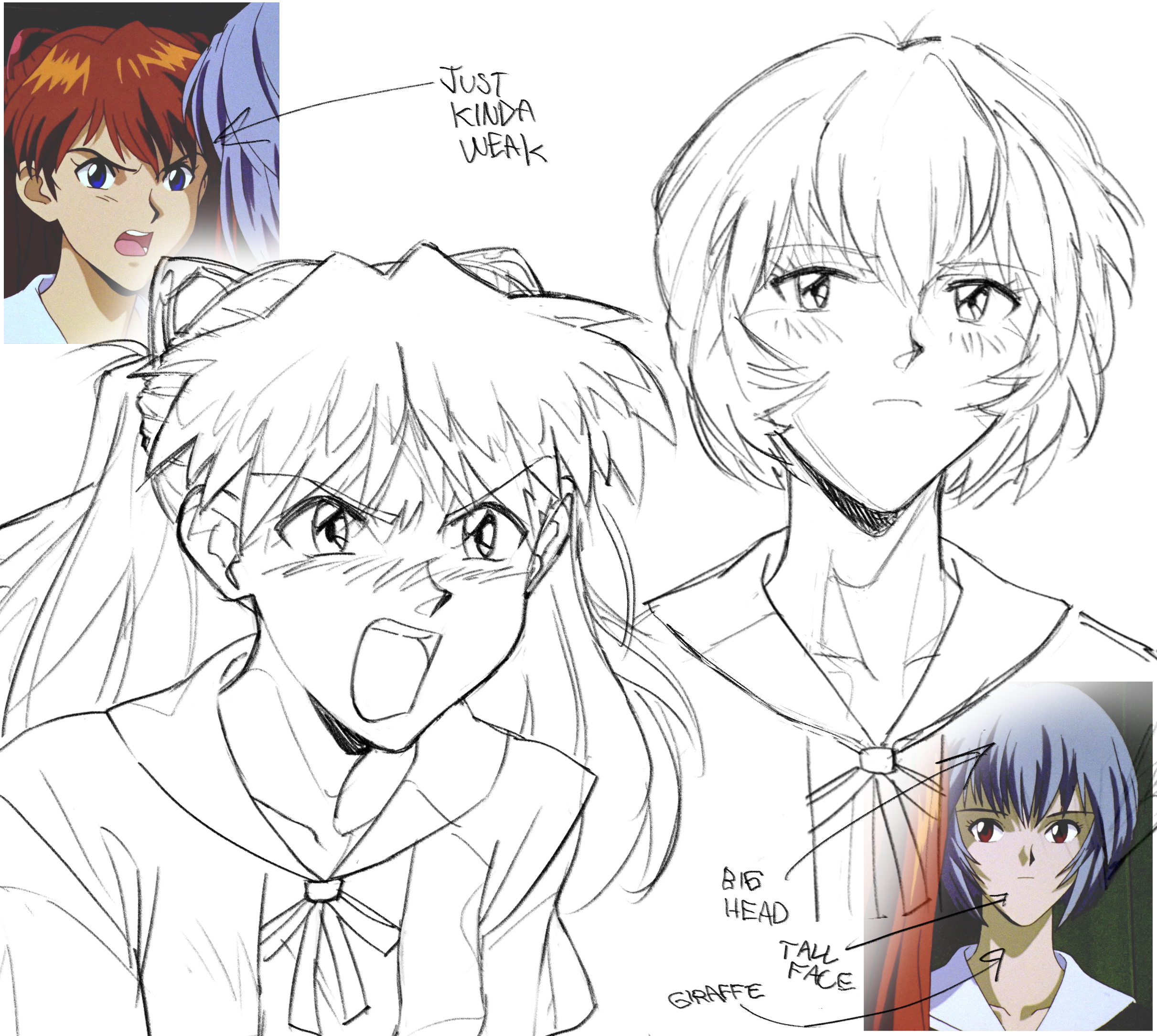 chronocrump, ayanami rei, souryuu asuka langley, neon genesis evangelion, derivative work, highres, screenshot redraw, 2girls, blush, closed mouth, long hair, multiple girls, official style, open mouth, short hair, upper body, white background