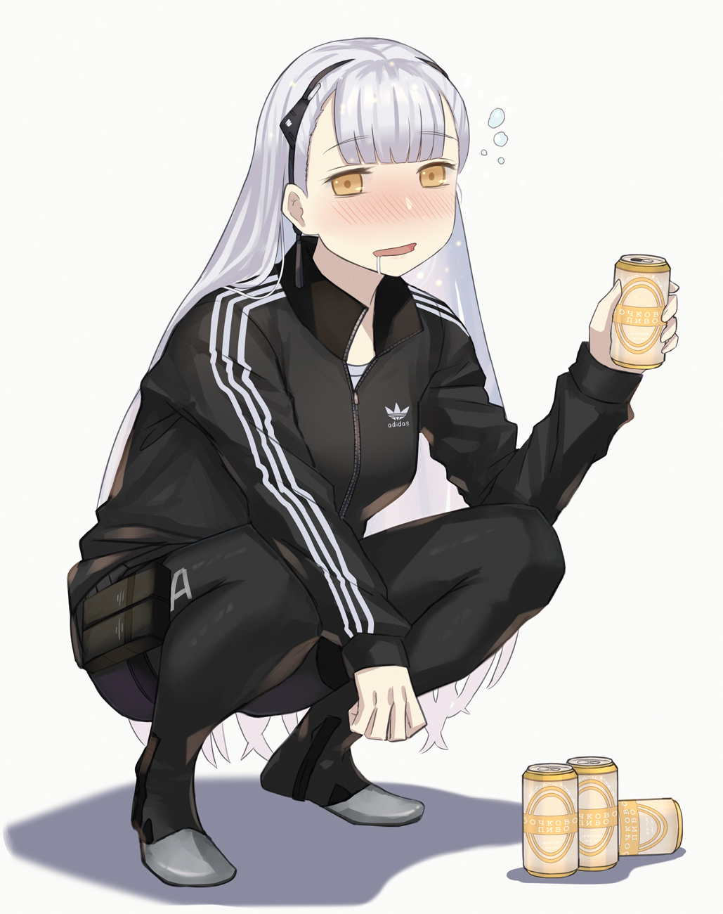 asakiri koko, ak-alfa (girls' frontline), adidas, girls' frontline, commentary request, highres, 1girl, alcohol, alternate costume, beer, beer can, black boots, black jacket, black pantyhose, blunt bangs, blush, boots, can, center-flap bangs, drink, drink can, full-face blush, full body, holding, holding can, holding drink, jacket, long hair, long sleeves, open mouth, pantyhose, saliva, shadow, simple background, slav squatting, solo, squatting, thigh boots, track jacket, track suit, very long hair, white background, white hair, yellow eyes