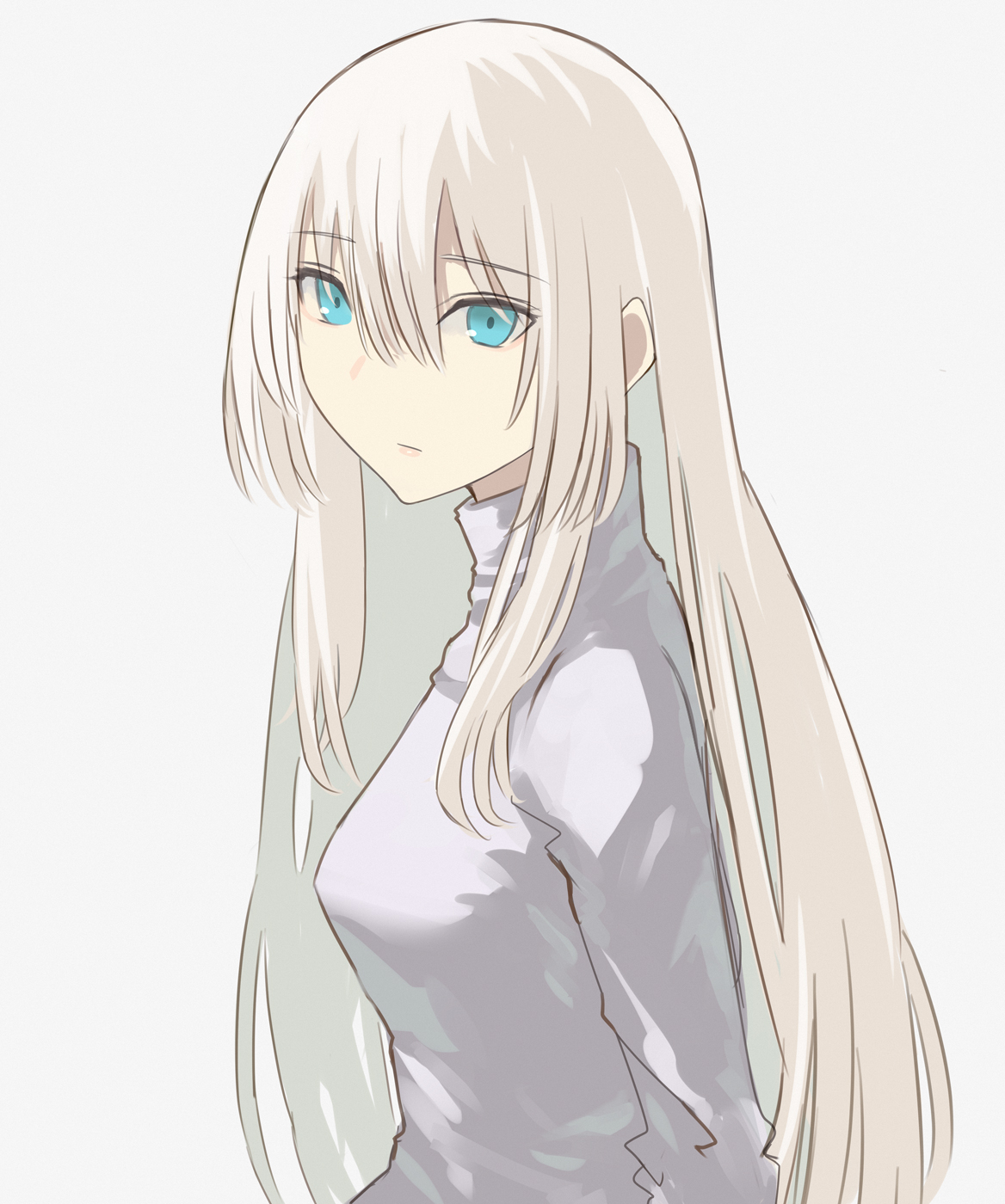 asakiri koko, an-94 (girls' frontline), girls' frontline, commentary request, highres, 1girl, alternate costume, blue eyes, double-parted bangs, from side, hair between eyes, long hair, long sidelocks, long sleeves, looking at viewer, shirt, sidelocks, simple background, solo, turning head, turtleneck, turtleneck shirt, upper body, white background, white hair, white shirt