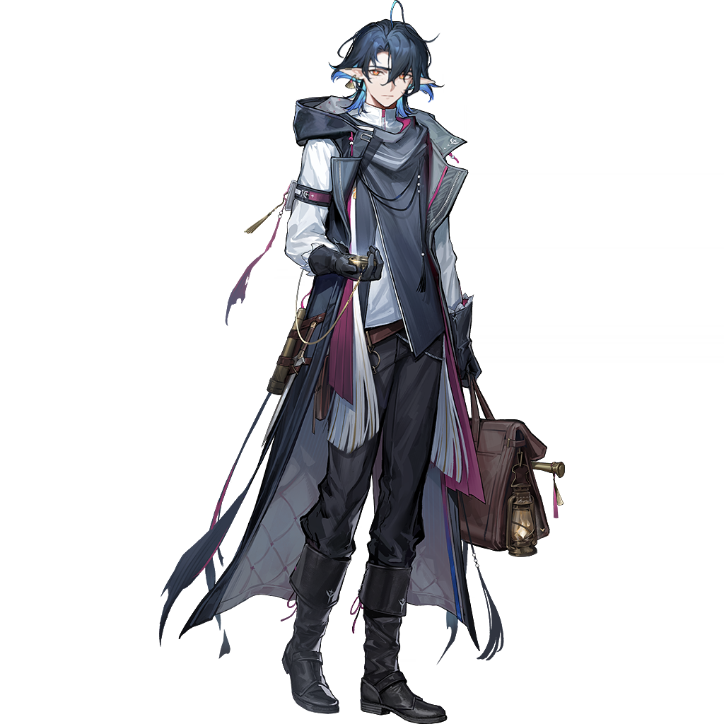 kang yiqian (self cultivation), lumen (arknights), arknights, official art, third-party source, 1boy, ahoge, arm pouch, arm strap, bag, belt, belt pouch, bishounen, black boots, black gloves, black pants, blue hair, boots, bright pupils, brown belt, closed mouth, coat, colored inner hair, compass, dagger, earclip, fish boy, full body, gloves, hair between eyes, holding, holding bag, holding compass, hood, hood down, hooded coat, knee boots, knife, lantern, long bangs, long sleeves, looking at viewer, male focus, monocular, multicolored hair, official alternate costume, orange eyes, pants, pointy ears, pouch, serious, shirt, simple background, sleeveless, sleeveless coat, solo, standing, tachi-e, tassel, transparent background, turtleneck, turtleneck shirt, unsheathed, weapon, white pupils, white shirt