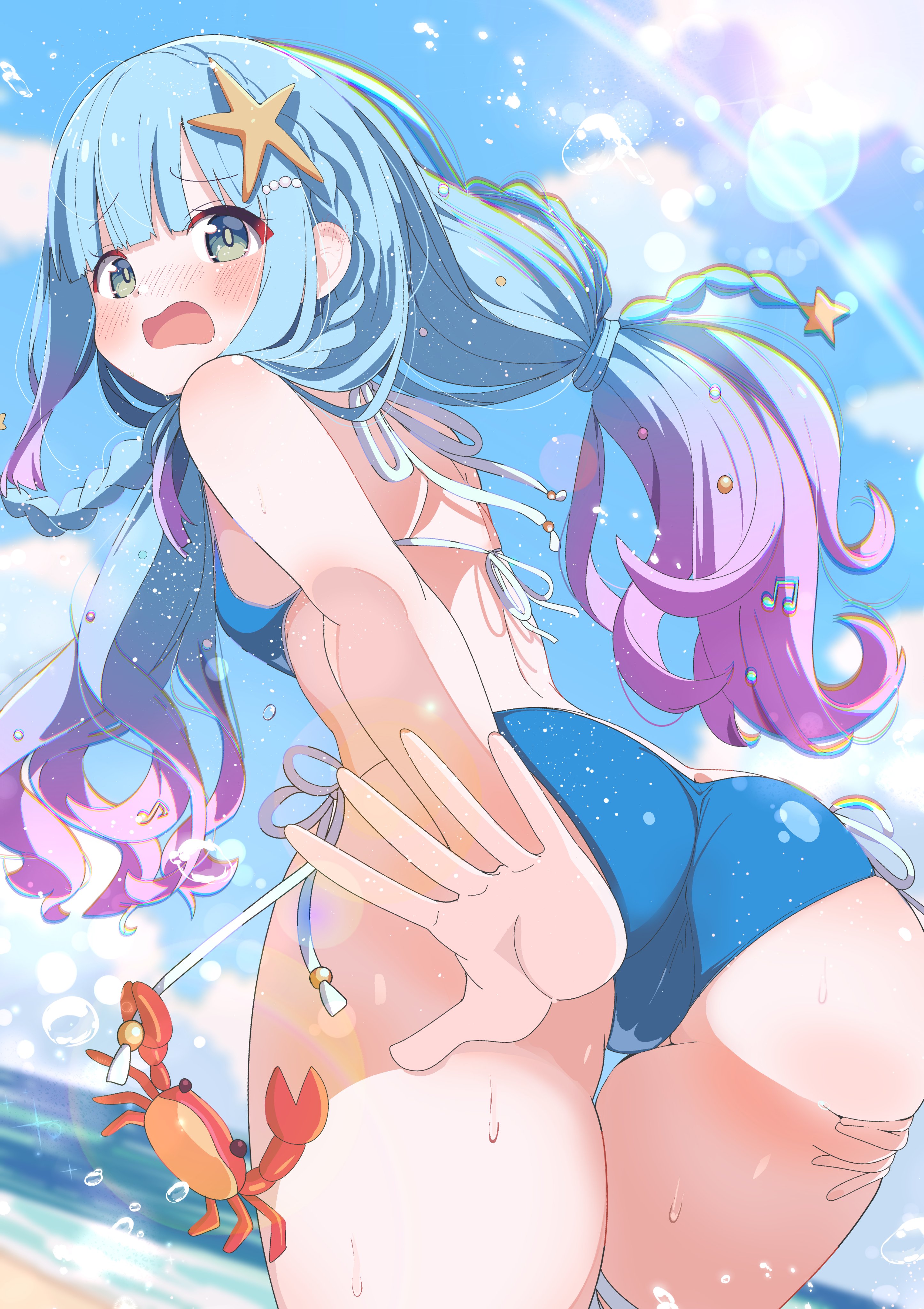 shiro9jira, original, absurdres, commission, highres, skeb commission, 1girl, ass, bikini, blue bikini, blue hair, blue sky, blunt bangs, blush, braid, breasts, cloud, crab, gradient hair, hair ornament, lens flare, long hair, looking at viewer, looking back, multicolored hair, open mouth, outdoors, side-tie bikini bottom, sky, small breasts, solo, star (symbol), star hair ornament, swimsuit