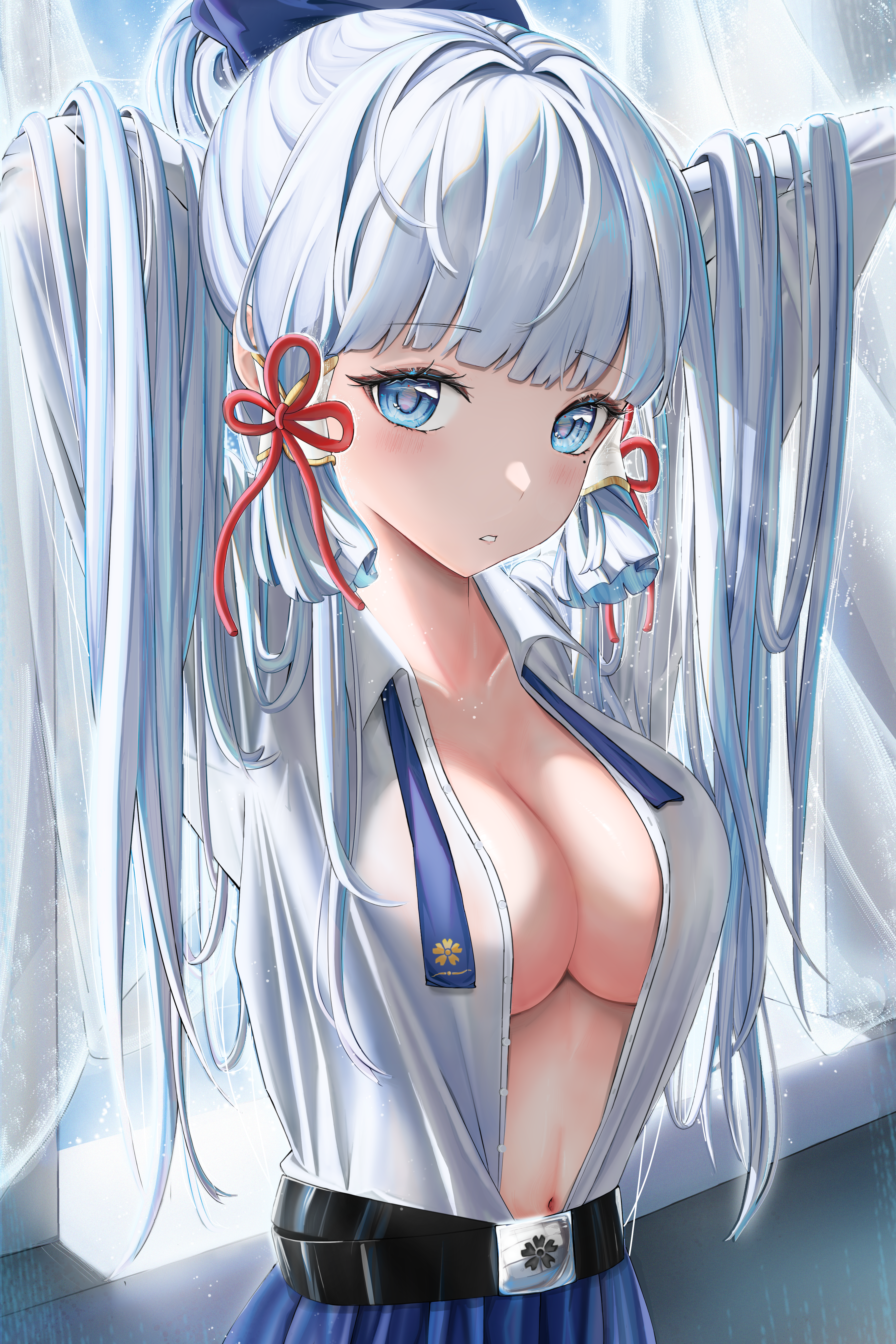 eg kcresp, ayaka (genshin impact), genshin impact, absurdres, commentary, highres, 1girl, arms behind head, blue eyes, blush, breasts, cleavage, collarbone, collared shirt, large breasts, long hair, looking at viewer, mole, mole under eye, naked shirt, navel, open clothes, open shirt, parted lips, shirt, sidelocks, solo, upper body, very long hair, white hair