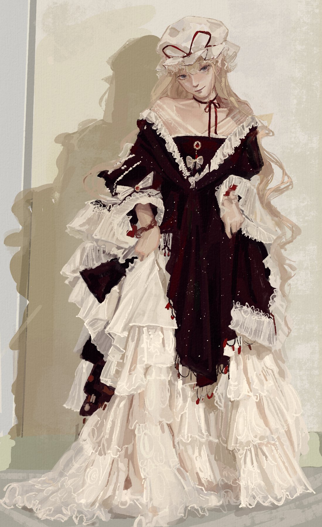 hatsburg, yakumo yukari, touhou, highres, 1girl, blonde hair, bow, choker, closed mouth, dress, full body, grey eyes, hat, hat ribbon, layered dress, long dress, long hair, long sleeves, looking at viewer, mob cap, purple dress, red ribbon, ribbon, ribbon choker, shadow, skirt hold, solo, standing, very long hair, white bow, white dress, white hat