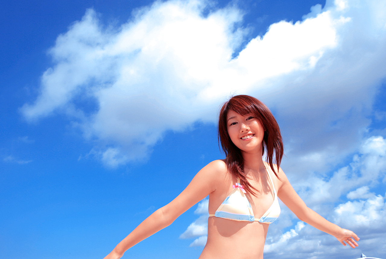 takigawa hanako, photo (medium), 1girl, asian, bikini, breasts, cloud, female focus, japanese (nationality), long hair, looking at viewer, outdoors, sky, small breasts, smile, solo, striped bikini, striped clothes, swimsuit