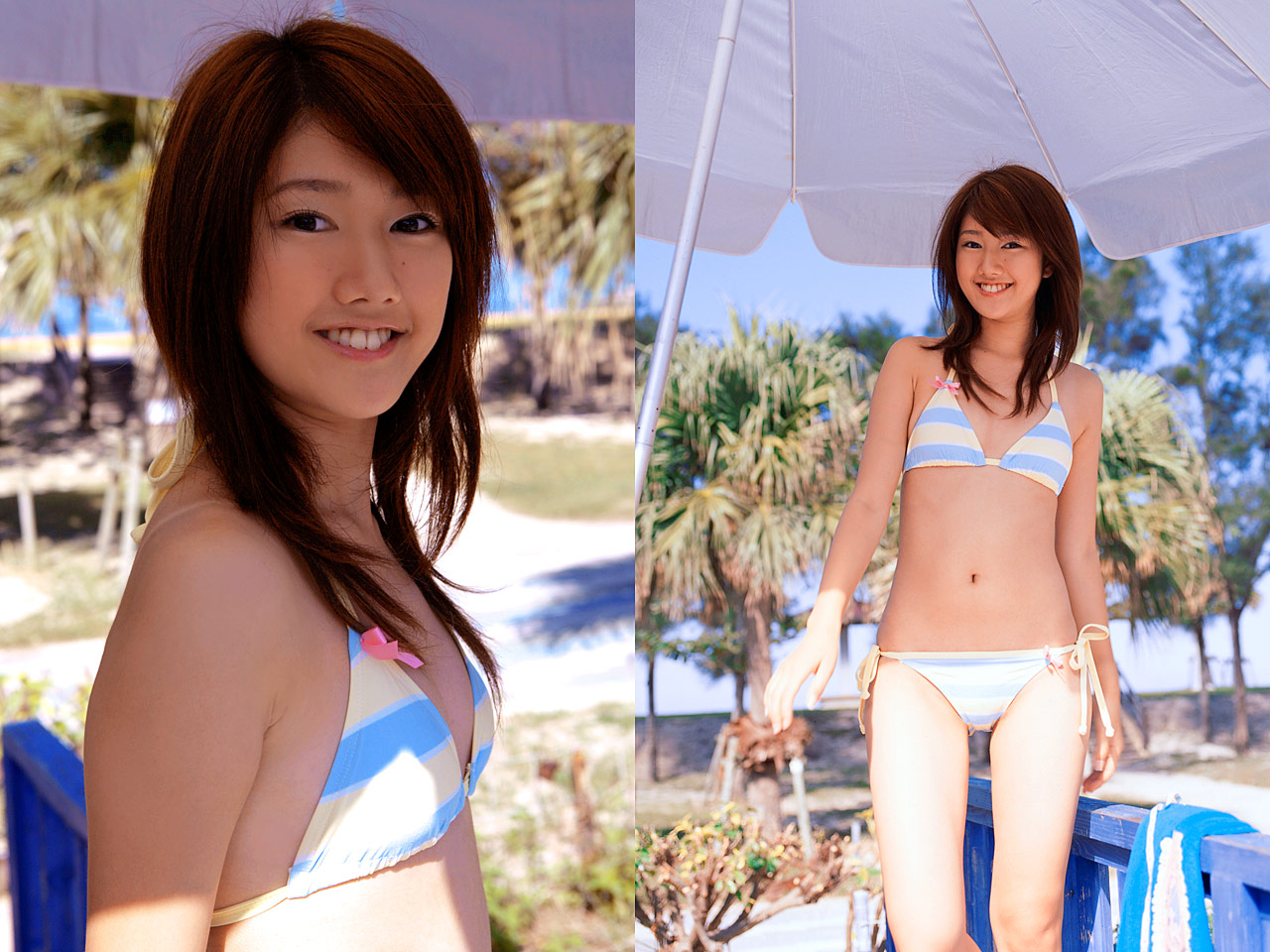 takigawa hanako, photo (medium), tagme, 1girl, asian, beach, bikini, blurry, breasts, cowboy shot, depth of field, female focus, japanese (nationality), long hair, looking at viewer, outdoors, side-tie bikini bottom, small breasts, smile, solo, standing, striped bikini, striped clothes, swimsuit, umbrella