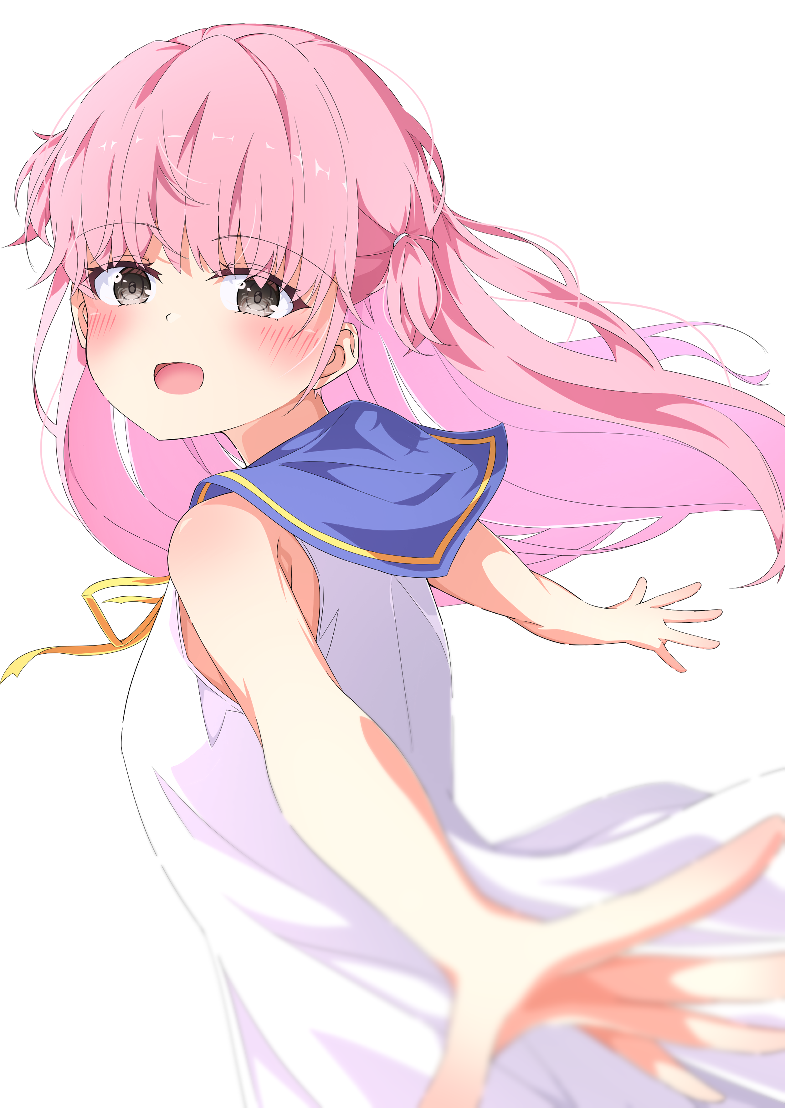 kyamiuu, katou umi, summer pockets, absurdres, commentary request, highres, 1girl, 2025, :d, bare arms, blue sailor collar, blurry, blush, cowboy shot, dated commentary, depth of field, dress, eyes visible through hair, floating hair, from behind, grey eyes, hair between eyes, happy, long hair, looking at viewer, looking back, no headwear, open mouth, outstretched arms, outstretched hand, pink hair, sailor collar, sailor dress, simple background, sleeveless, sleeveless dress, smile, solo, two side up, very long hair, white background, white dress, yellow eyes