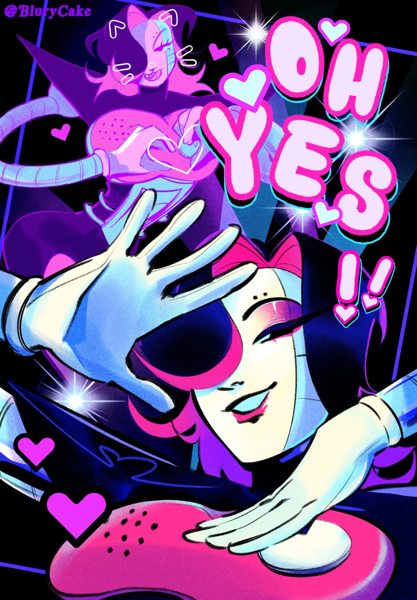 mettaton, mettaton ex, undertale, utdr (toby fox), highres, !, !!, android, colored inner hair, colored skin, english text, eyeliner, eyeshadow, gloves, heart, makeup, multicolored hair, pink eyeliner, pink eyeshadow, purple eyeshadow, robot boy, smile, temuqifrey, white skin