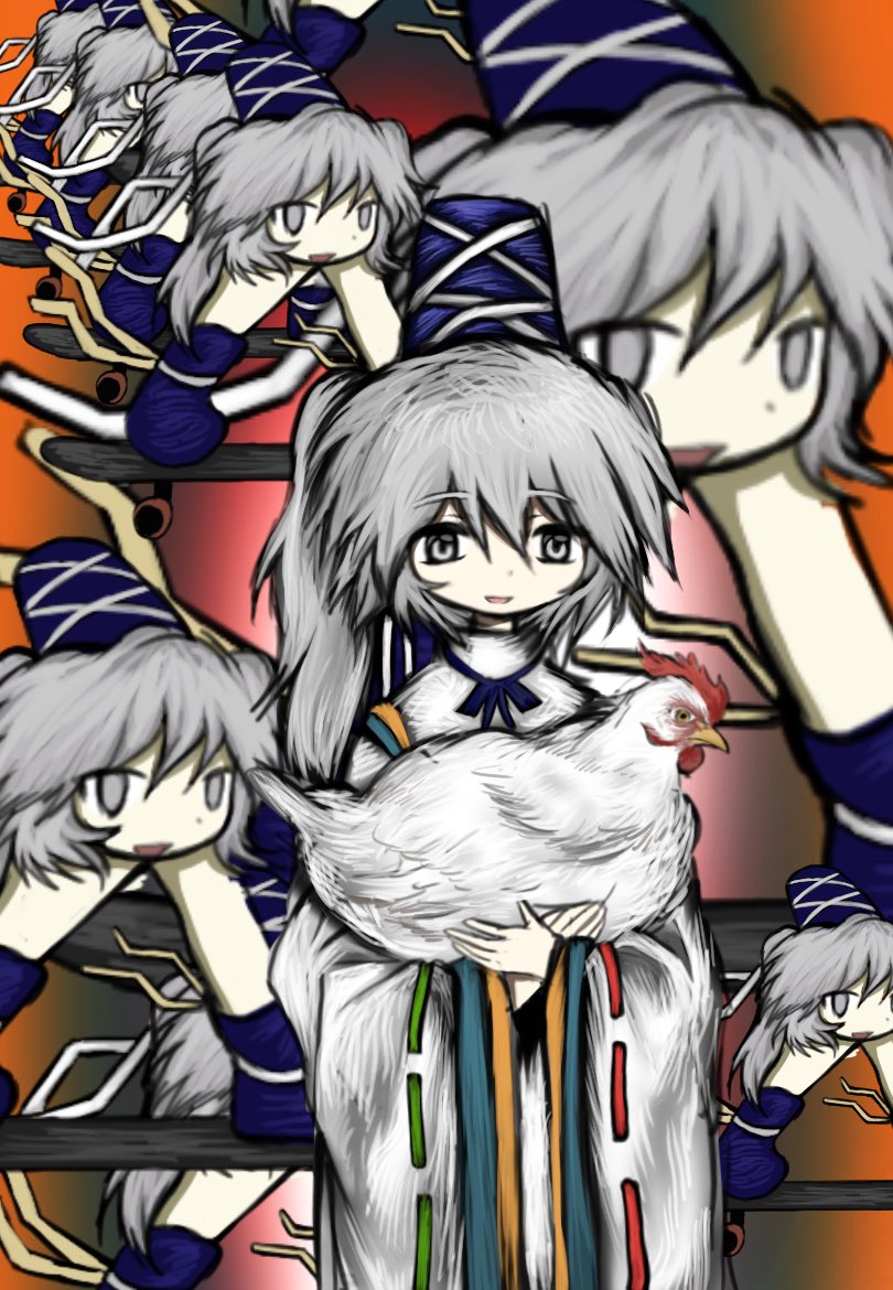 renlei jing shi wo ziji, mononobe no futo, touhou, 1girl, animal, bird, blue boots, blue hat, boots, chicken, detached sleeves, dot nose, footwear ribbon, grey eyes, grey hair, hair between eyes, hat, hat ribbon, holding, holding animal, japanese clothes, kariginu, long hair, long sleeves, looking at viewer, multiple views, open mouth, ponytail, red background, ribbon, ribbon-trimmed sleeves, ribbon trim, smile, surreal, tate eboshi, turtleneck, white ribbon, white sleeves, wide sleeves