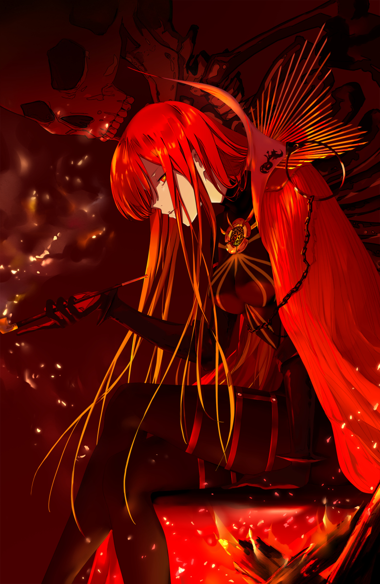 vii (joshuayuen), oda nobunaga (fate), oda nobunaga (maou avenger) (fate), fate/grand order, fate (series), highres, 1girl, black bodysuit, bodysuit, cape, giant skeleton, holding, holding smoking pipe, kiseru, long hair, red background, red cape, red eyes, red hair, sitting, smoke, smoking, smoking pipe, solo, very long hair