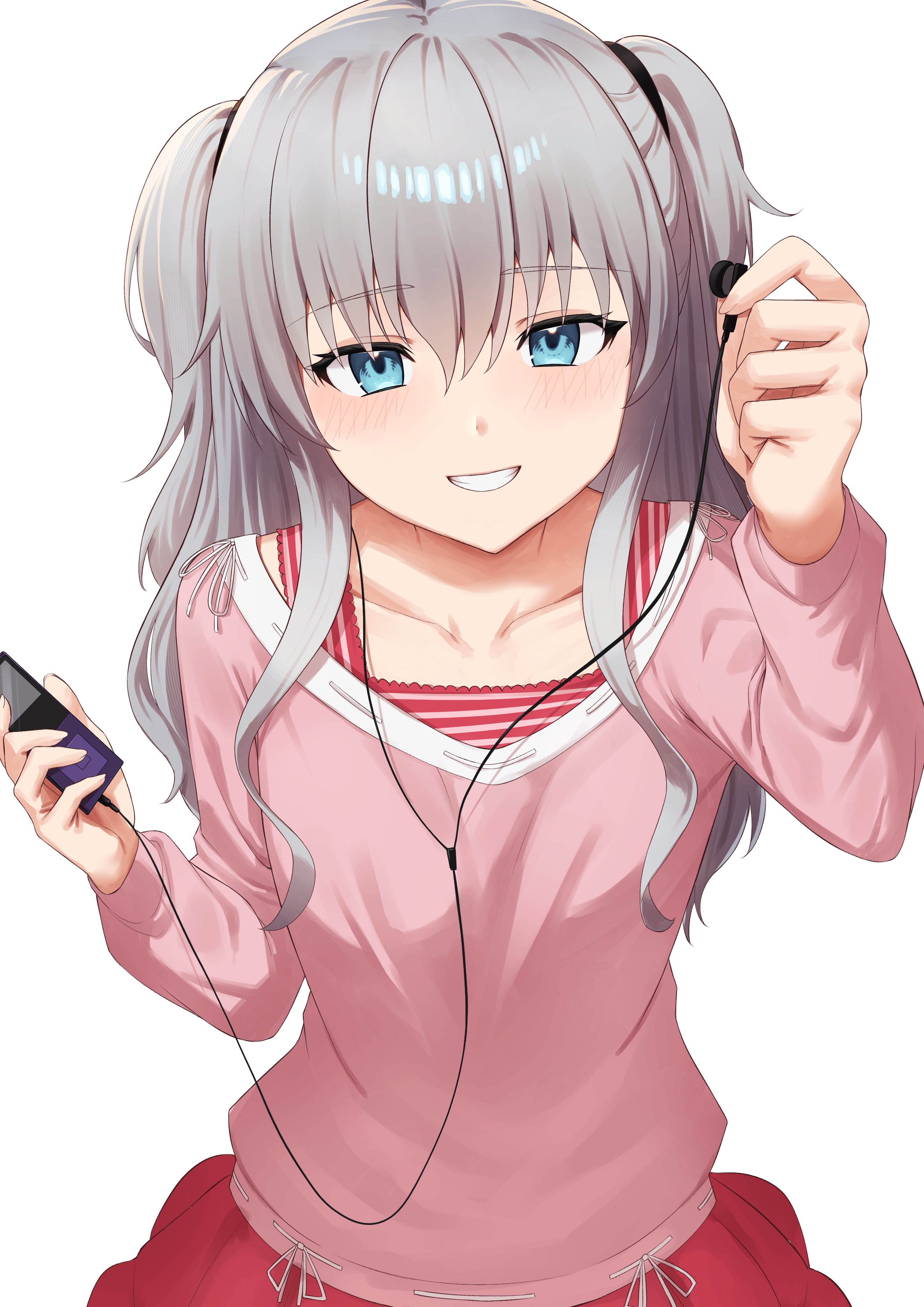 if second, tomori nao, charlotte (anime), absurdres, commentary, highres, 1girl, :d, blue eyes, blush, casual, clenched hand, collarbone, cowboy shot, digital media player, earphones, eyelashes, grey hair, grin, hair between eyes, hands up, happy, holding, holding digital media player, holding earphones, long hair, long sleeves, looking at viewer, open mouth, pink shirt, pov, red skirt, shared earphones, shirt, sidelocks, simple background, skirt, smile, solo, straight-on, two side up, undershirt, wavy hair, white background