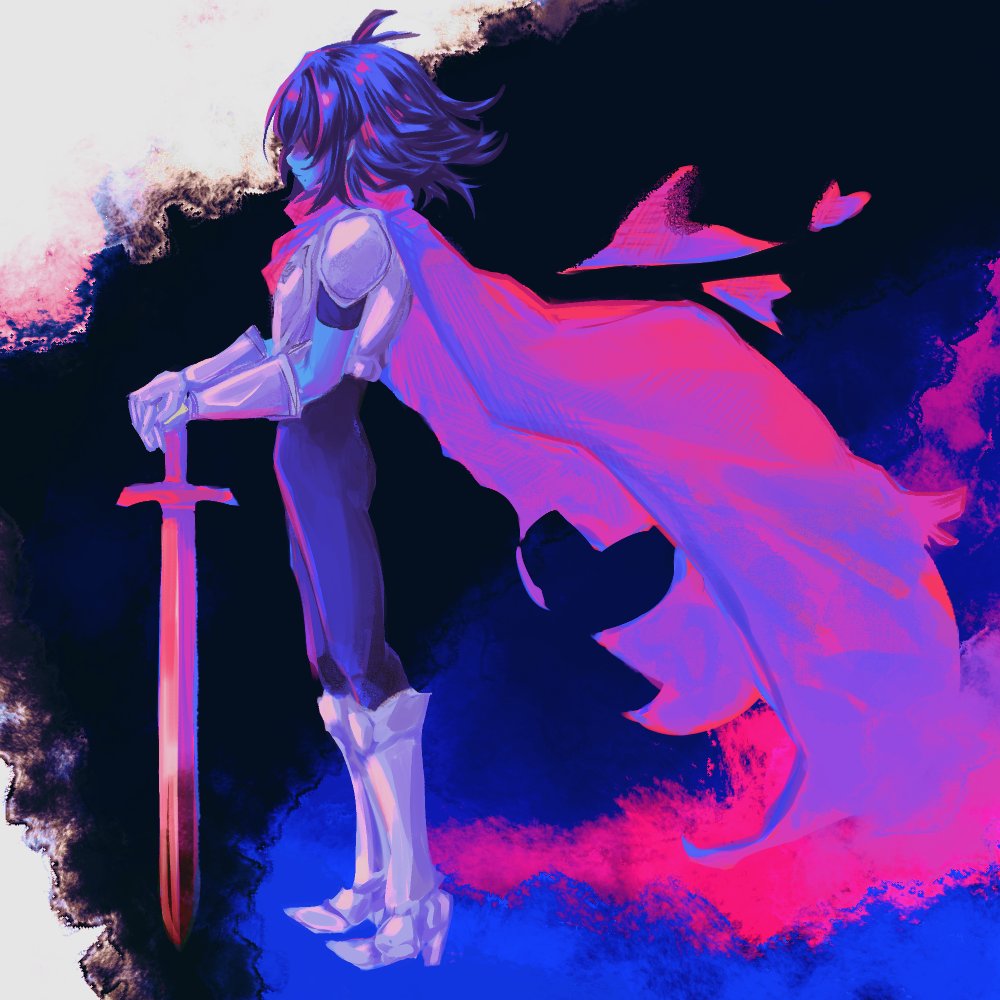 kris (dark world) (deltarune), kris (deltarune), deltarune, utdr (toby fox), 1other, aikecider, blue skin, cape, colored skin, from side, full body, heart, other focus, solo, standing, sword, weapon