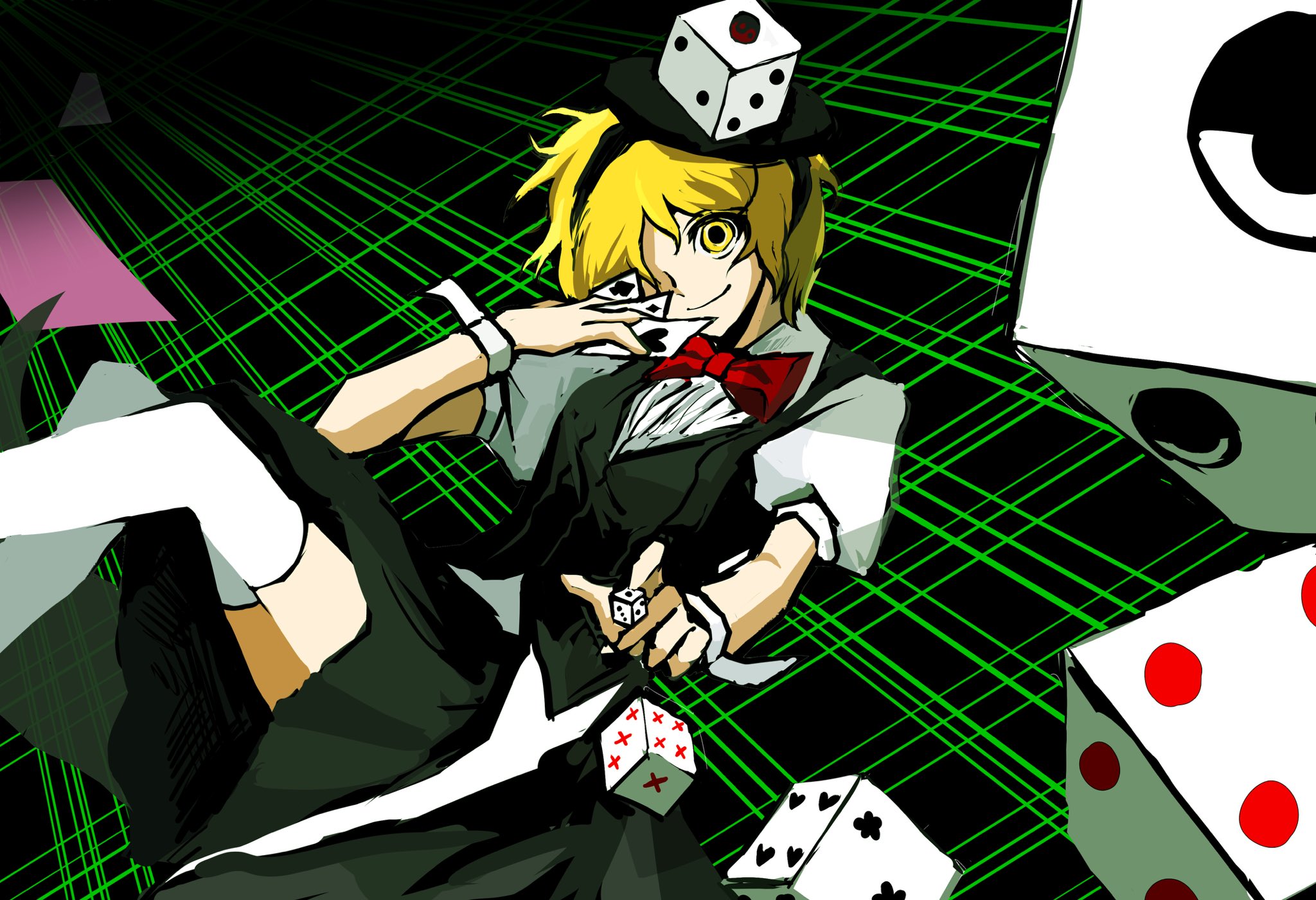 otogisum3, xeno a, len'en, commentary, highres, symbol-only commentary, 1other, ace (playing card), ace of hearts, ace of spades, androgynous, black background, black hairband, black skirt, black vest, blonde hair, bow, bowtie, buttons, card, closed mouth, coattails, collar, dice, dice hair ornament, dress shirt, eye of senri, feet out of frame, grid background, hair ornament, hairband, happy, heart, holding, holding card, looking at viewer, miniskirt, one eye covered, other focus, playing card, pleated skirt, puffy short sleeves, puffy sleeves, red bow, red bowtie, shirt, short hair, short sleeves, skirt, smile, solo, spade (shape), thighhighs, throwing, traditional bowtie, vest, white shirt, white thighhighs, white wrist cuffs, wrist cuffs, yellow eyes