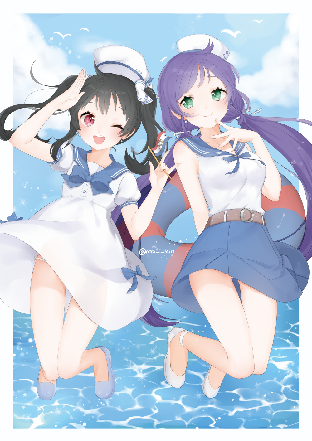 tojo nozomi, yazawa nico, love live!, highres, 2girls, belt, bird, black hair, blue shoes, blue skirt, bow, cloud, dress, finger to mouth, green eyes, hat, lifebuoy, long hair, military uniform, multiple girls, naval uniform, ocean, one eye closed, outdoors, purple hair, sailor dress, sailor hat, seagull, shoes, skirt, sky, smile, swim ring, twintails, white dress, white shoes