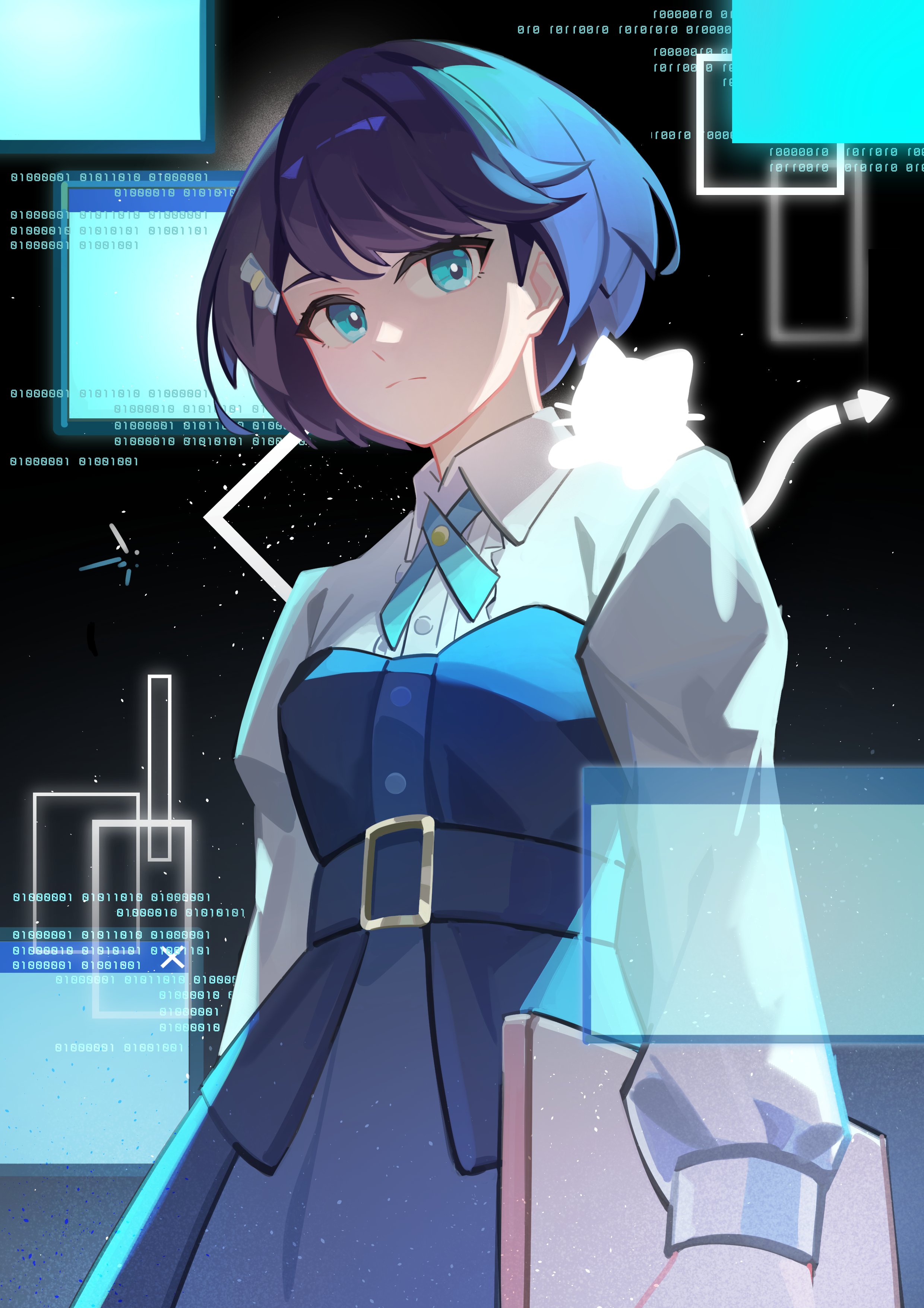 achin (putsi 2025), azabu mai, ikizulive! love live! bluebird, love live!, absurdres, commentary, english commentary, highres, 1girl, animal, animal on shoulder, binary, black background, blue dress, blue eyes, cat, cat on shoulder, closed mouth, collared shirt, computer, cowboy shot, dress, dress shirt, holding, holding laptop, laptop, light particles, long sleeves, purple hair, shirt, short hair, silhouette, solo, split mouth, strapless, strapless dress, white shirt, window (computing)