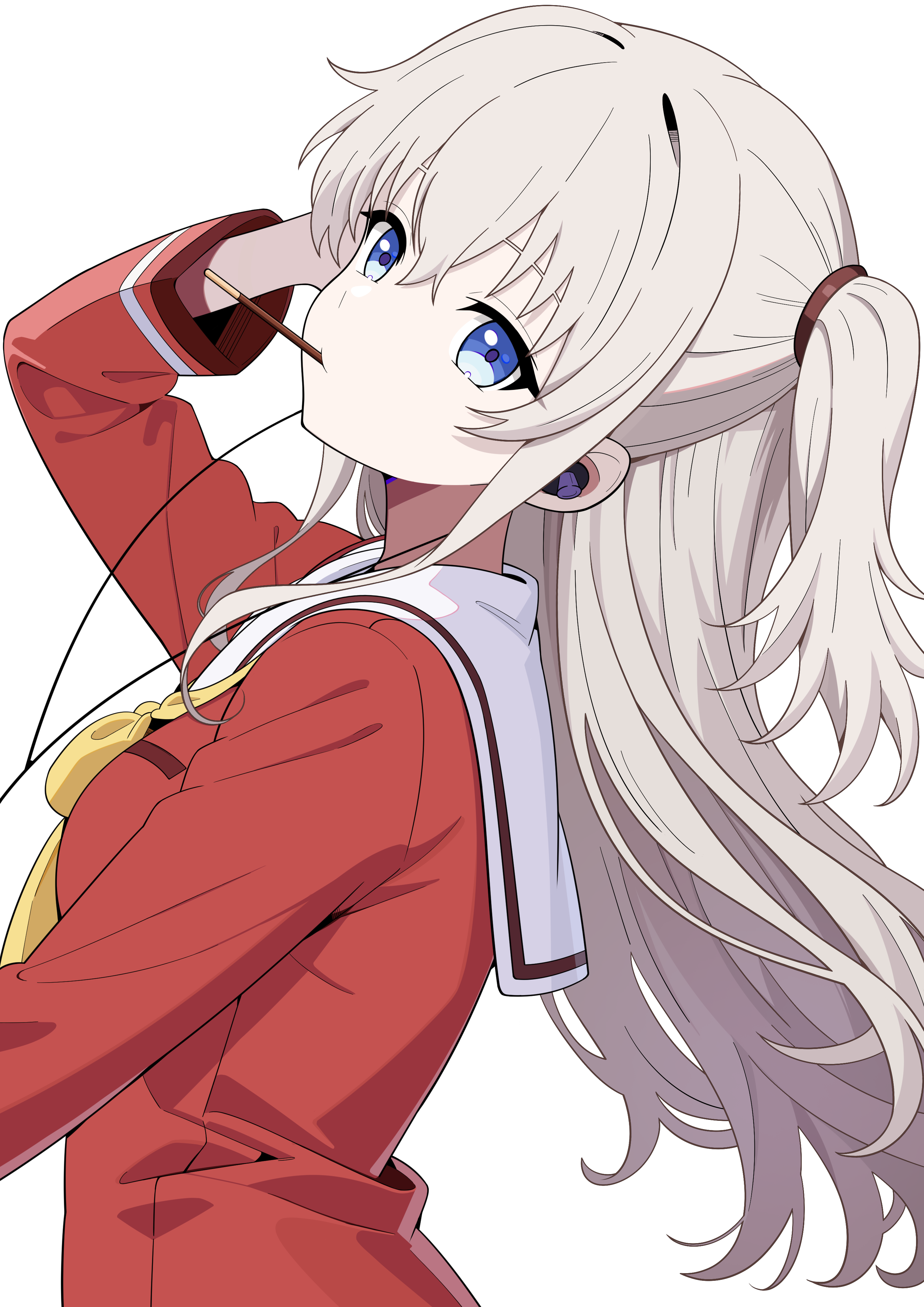 tomori nao, charlotte (anime), absurdres, commentary, highres, 1girl, blue eyes, closed mouth, floating hair, food, food in mouth, from side, grey hair, hair between eyes, hair intakes, hand up, hopevdespair, hoshinoumi academy school uniform, leaning back, long hair, long sleeves, looking at viewer, neckerchief, pocky, pocky in mouth, red shirt, sailor collar, school uniform, serafuku, shirt, sidelocks, simple background, solo, two side up, upper body, very long hair, white background, white sailor collar, yellow neckerchief